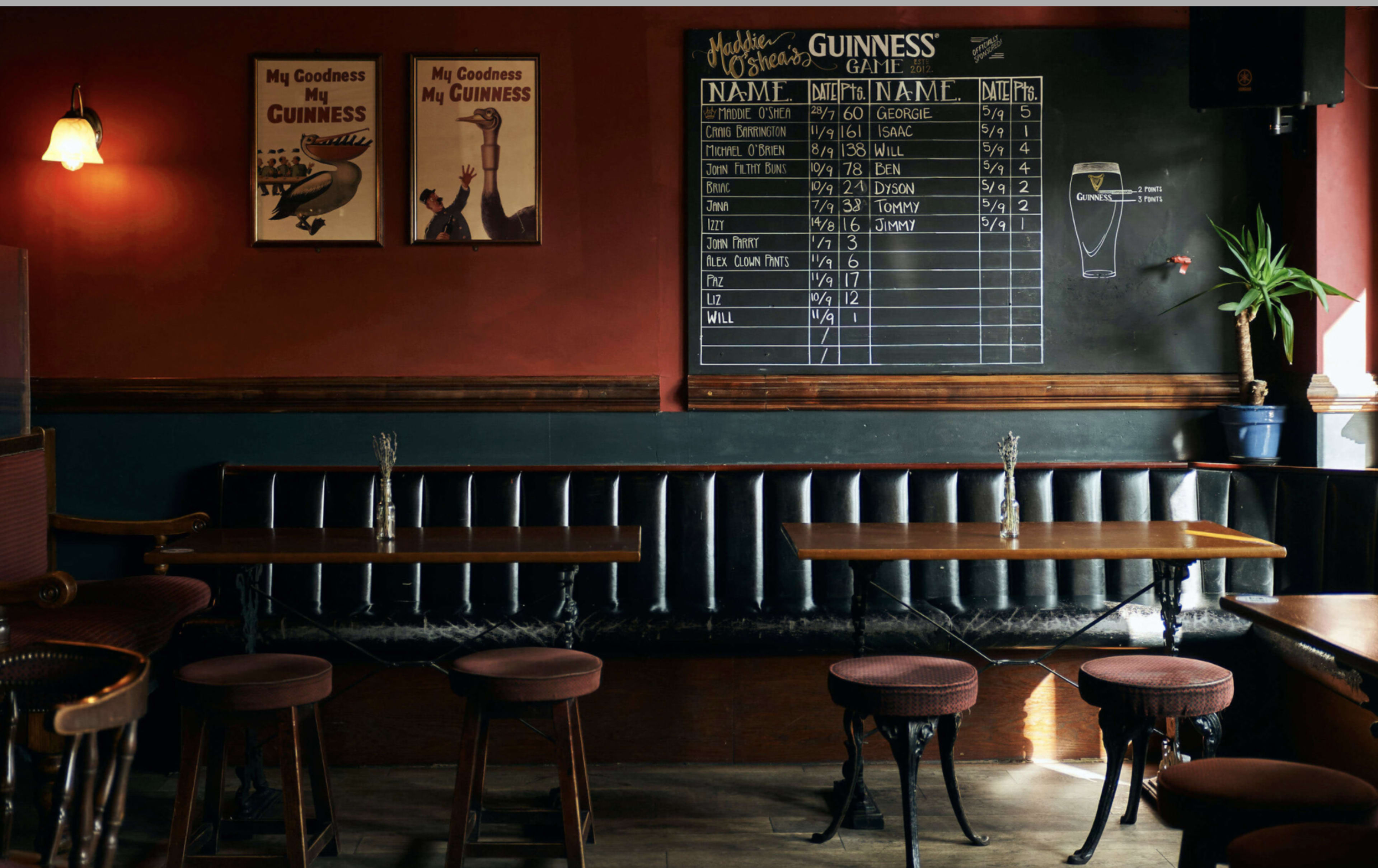 The interior of a pub with wooden tables and stools, featuring a chalkboard displaying names and scores, along with vintage Guinness posters on the walls.