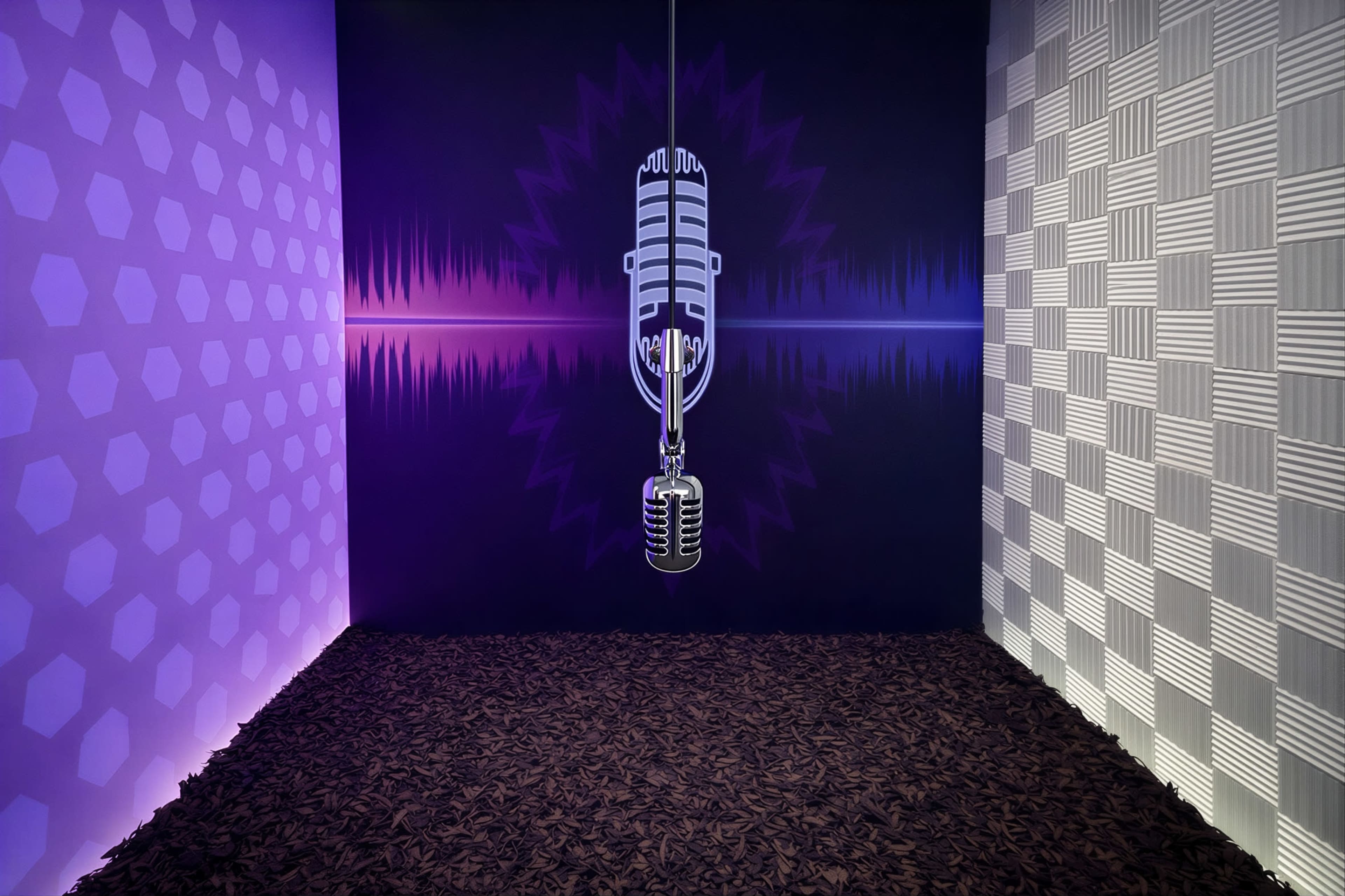 The image depicts a soundproof recording space featuring a hanging microphone against a backdrop with soundwave graphics and textured wall panels.