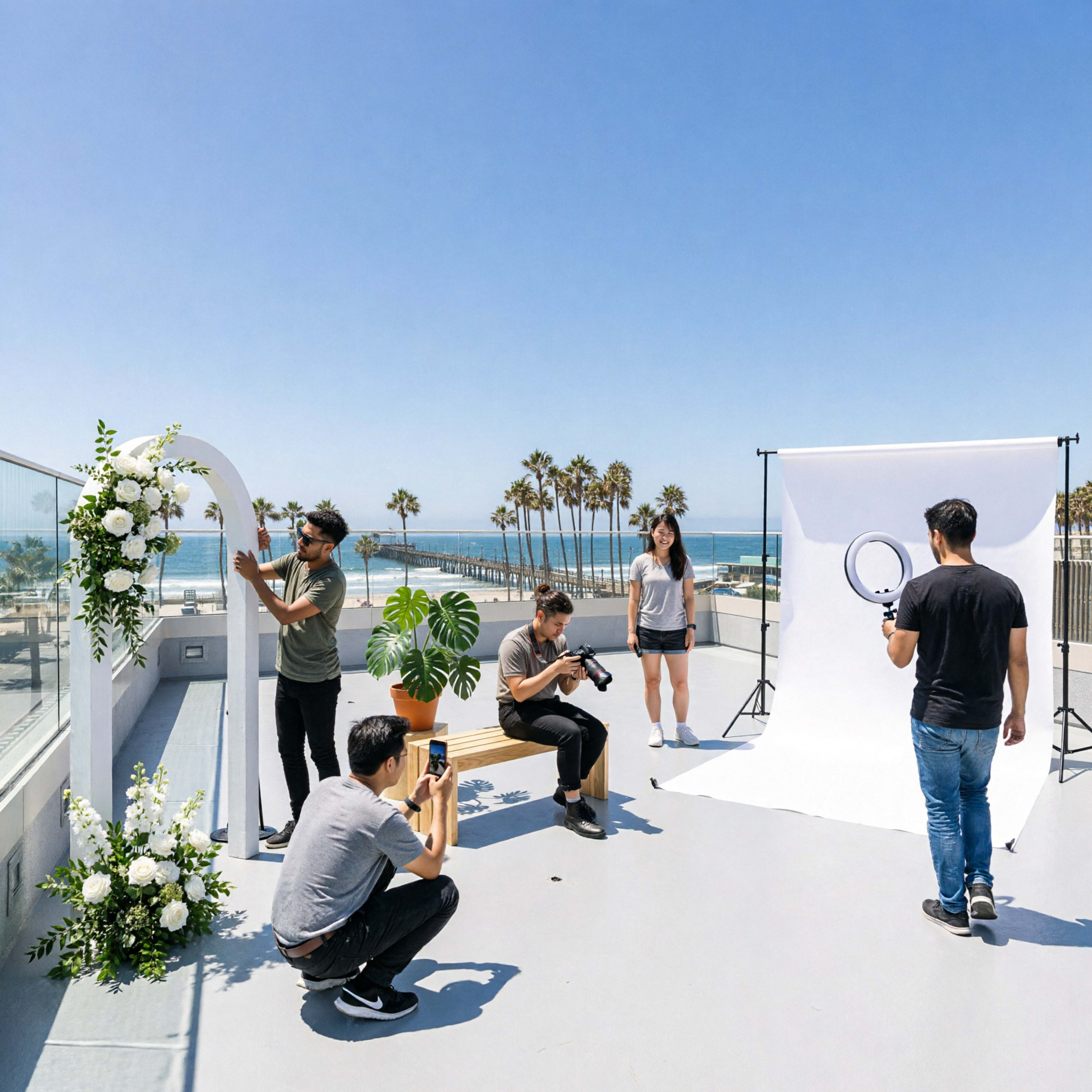 A group of five people is setting up a photo shoot on a rooftop overlooking the ocean, with a white backdrop and decorative flowers.