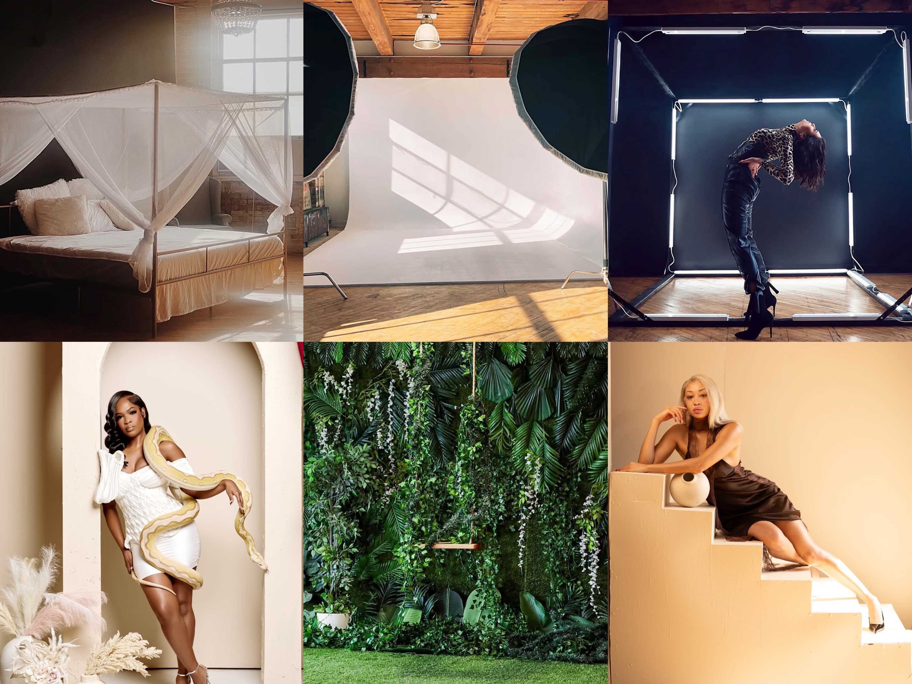 The image showcases a collage of six distinct scenes: a bedroom with a canopy bed, a photography studio with a blank backdrop, a model posing in a stylish outfit, a woman holding a snake, a lush green wall of plants, and a person sitting on stairs with a vase.