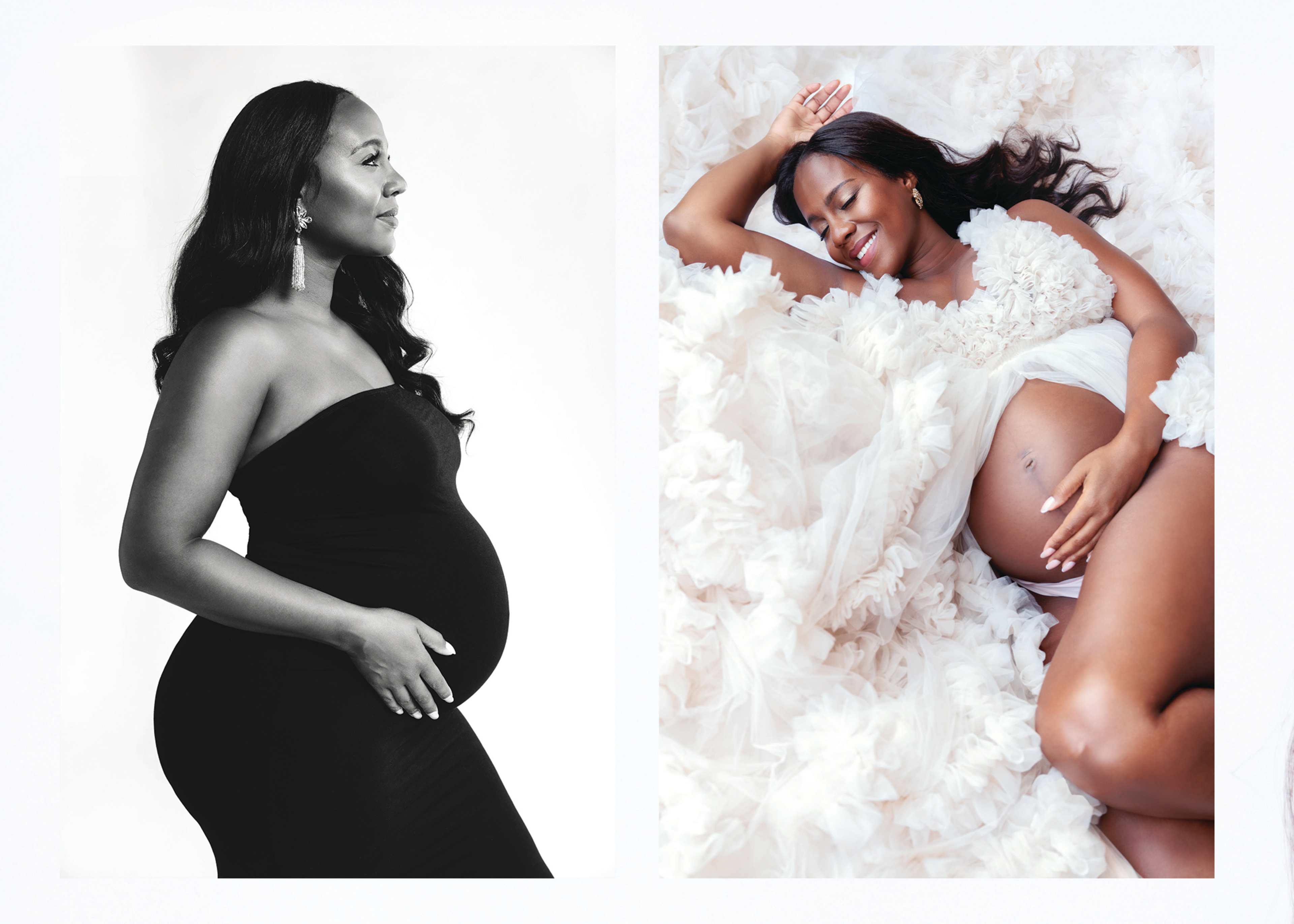 The image features a pregnant woman posing in two styles: one in profile wearing a black dress and the other reclining in a floral-adorned outfit.