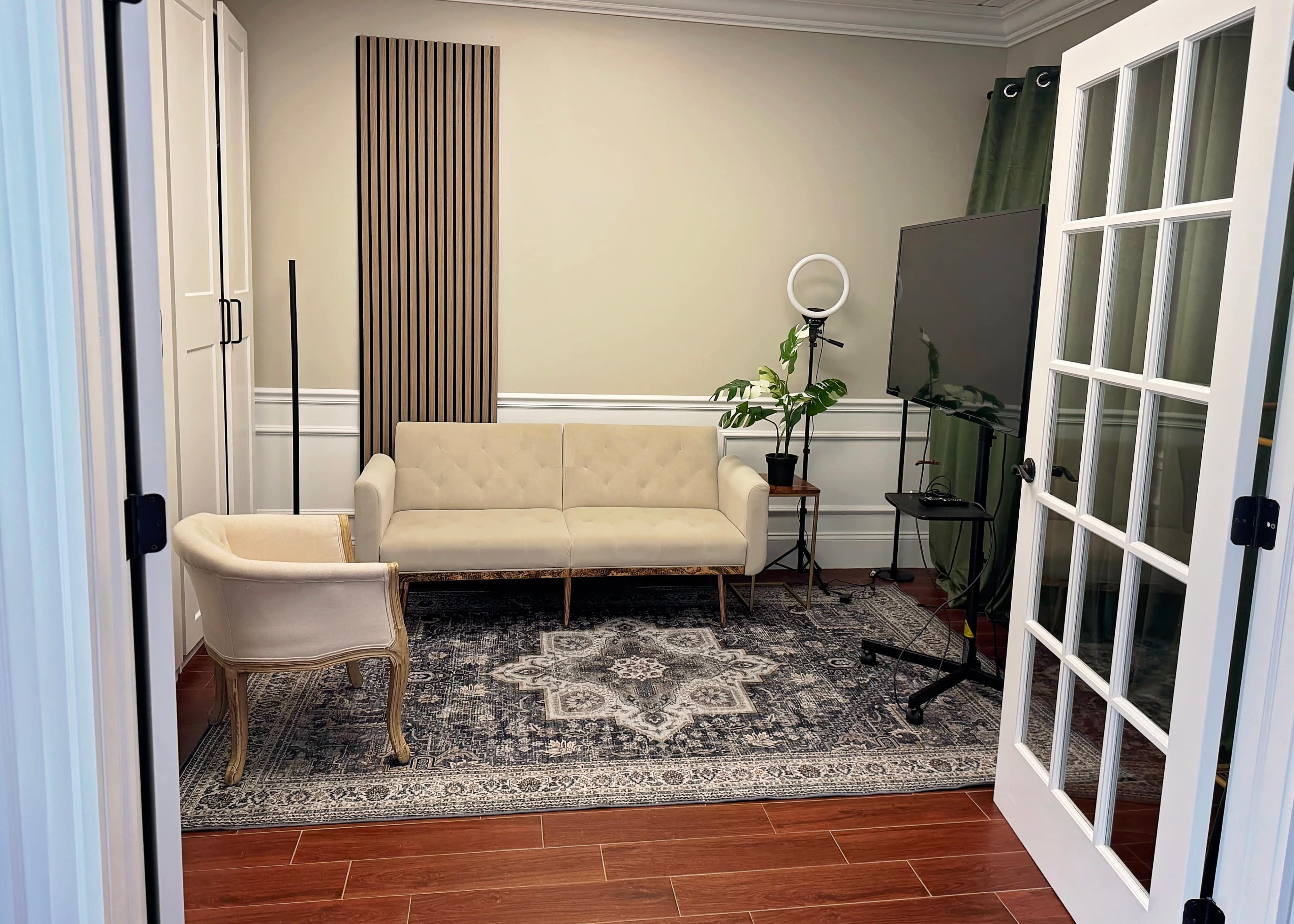 The image shows a small room with a beige couch, an accent chair, a large area rug, a plant, and a television on a stand, with light-colored walls and double doors leading to the space.