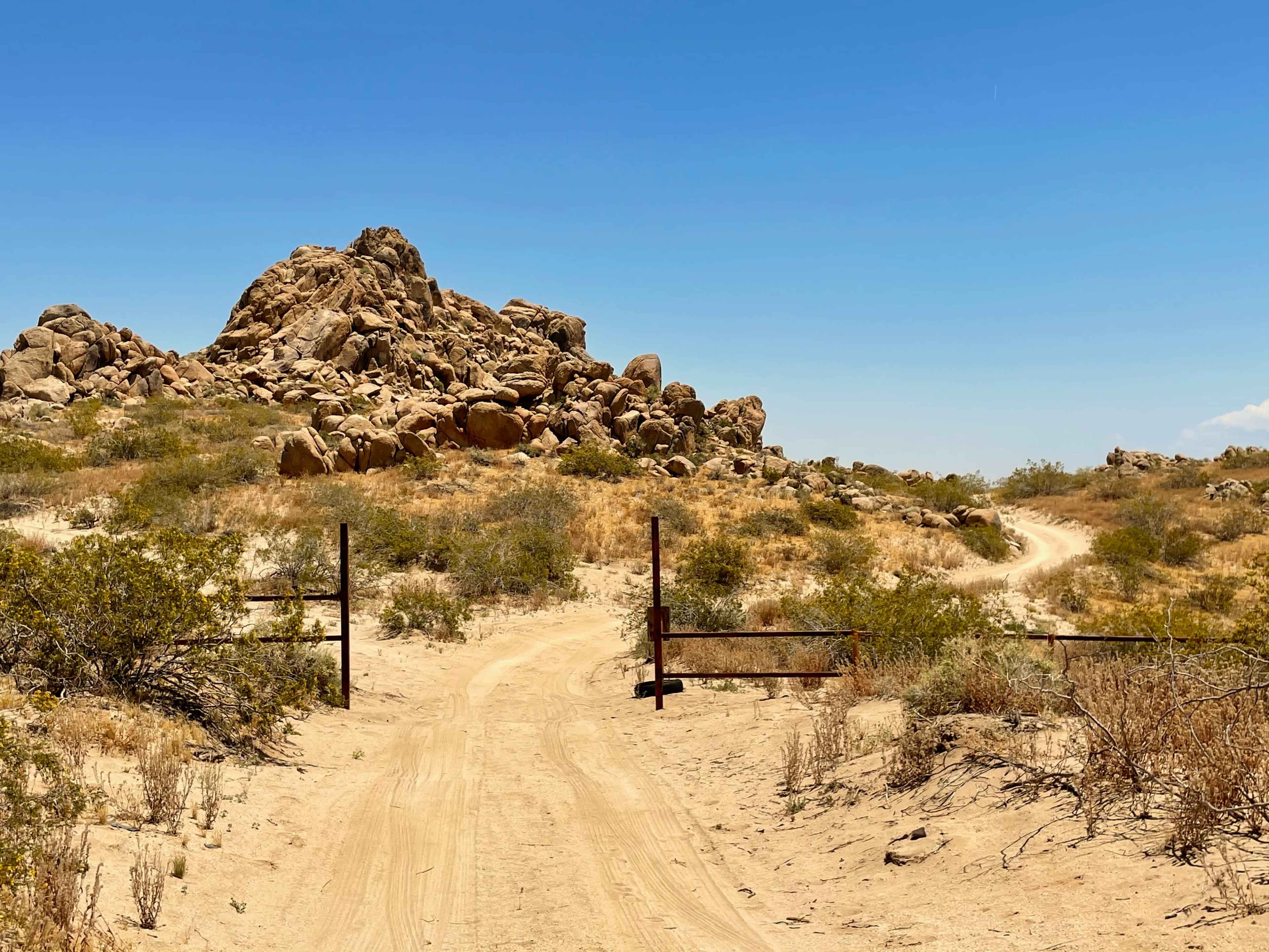 A dirt path leads through a desert landscape, flanked by sparse vegetation and a large rocky formation in the background.