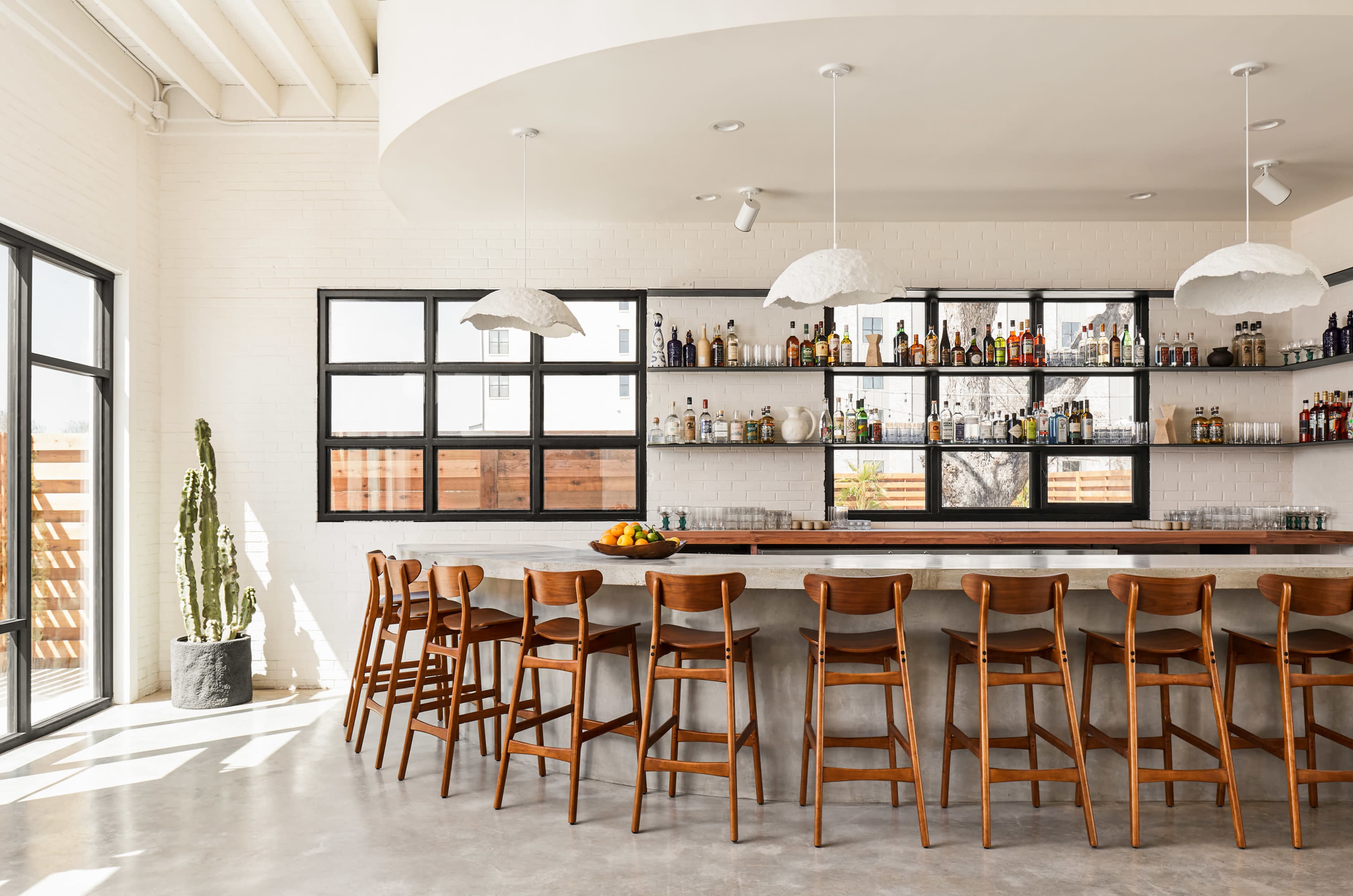 The image shows a modern bar with wooden stools, a concrete counter, and bottles displayed on shelves against a light-colored wall, alongside a large window and a potted cactus.