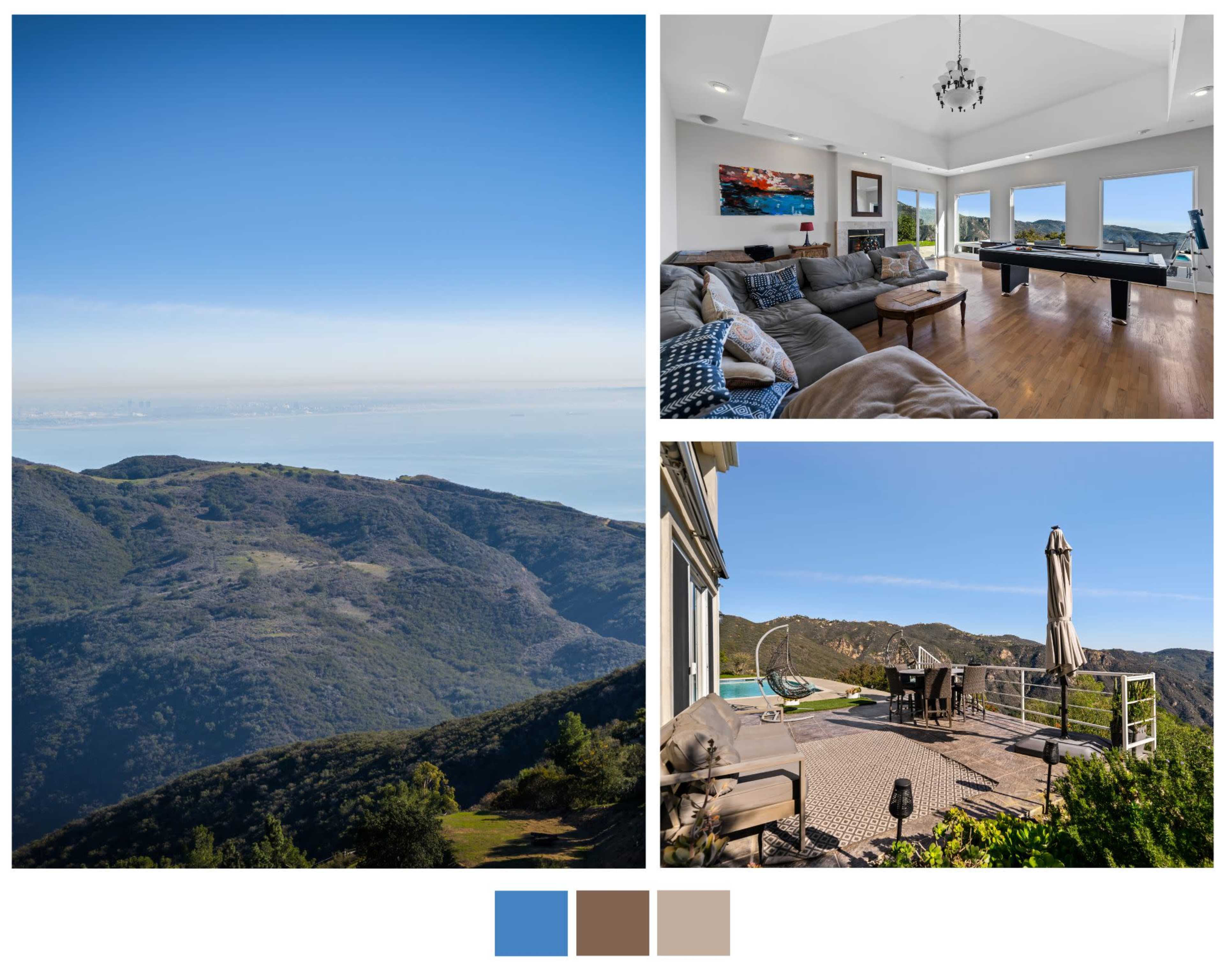A panoramic view of mountains and the ocean, alongside a modern living room with a pool table and a terrace with outdoor seating and a swimming pool.
