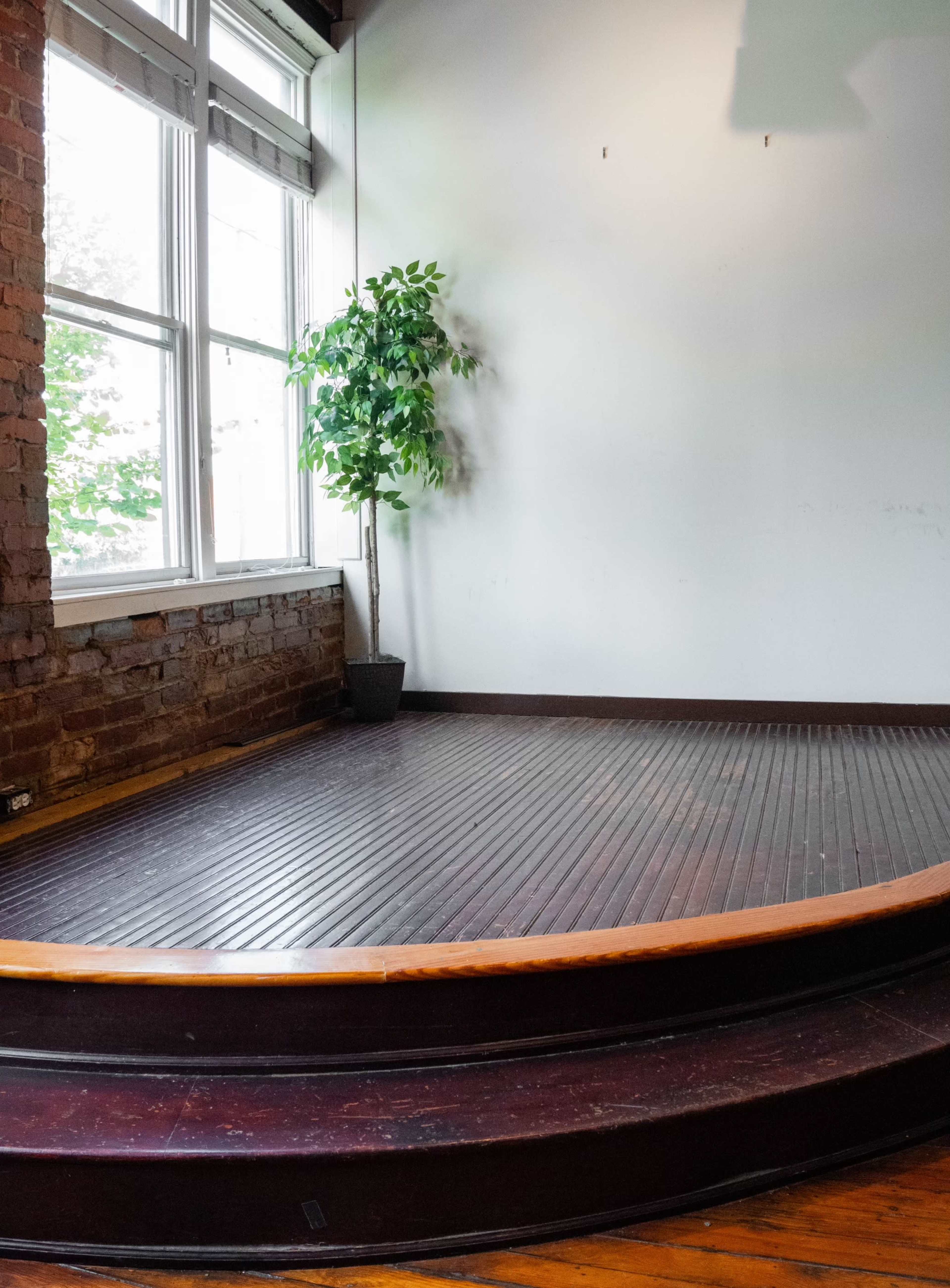 A simple wooden stage is positioned against a wall with a window, accompanied by a potted tree in the corner.