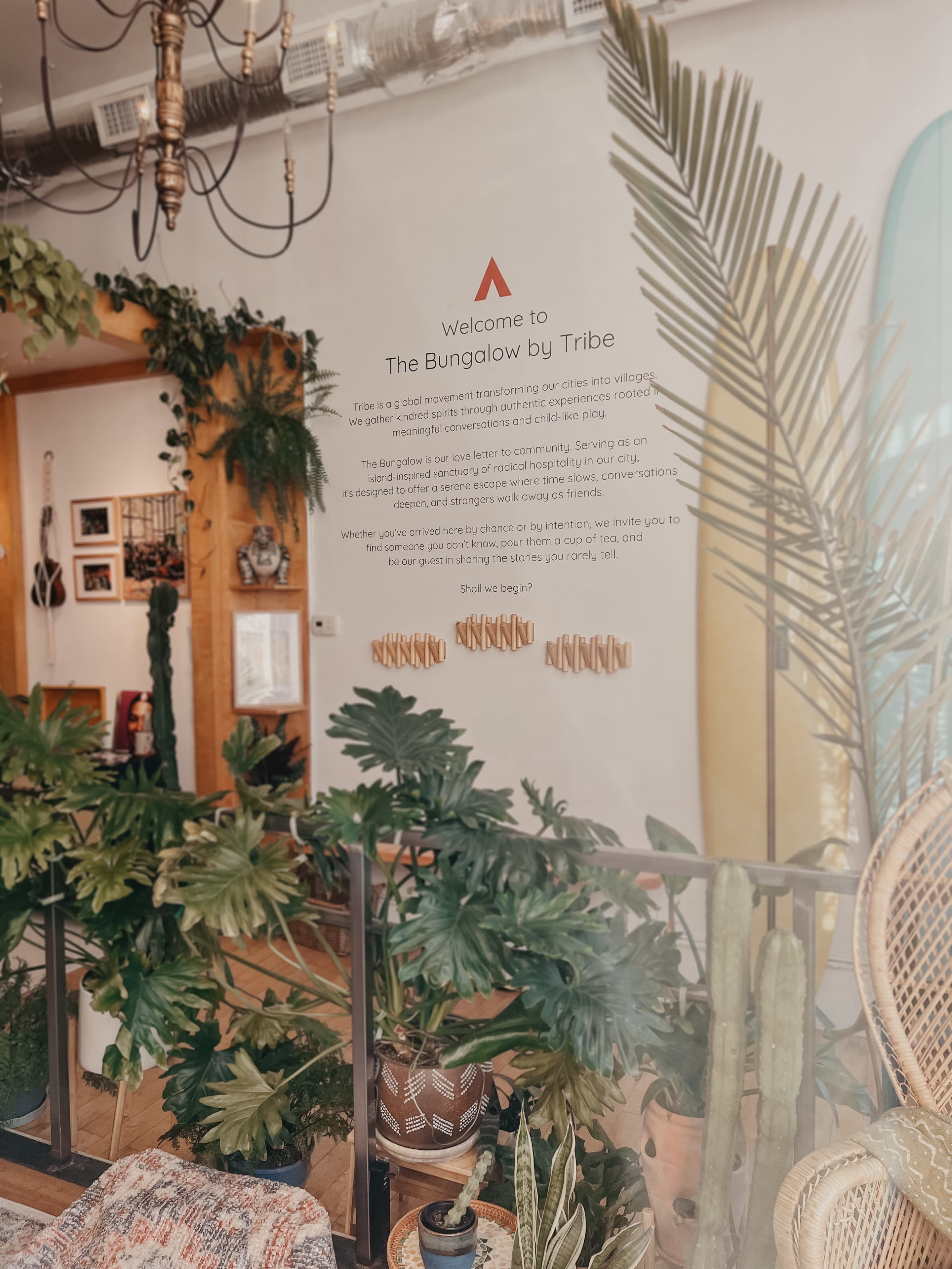 The image shows an interior space filled with various plants, decorative items, and a welcoming sign that reads "welcome to The Bungalow by Tribe."