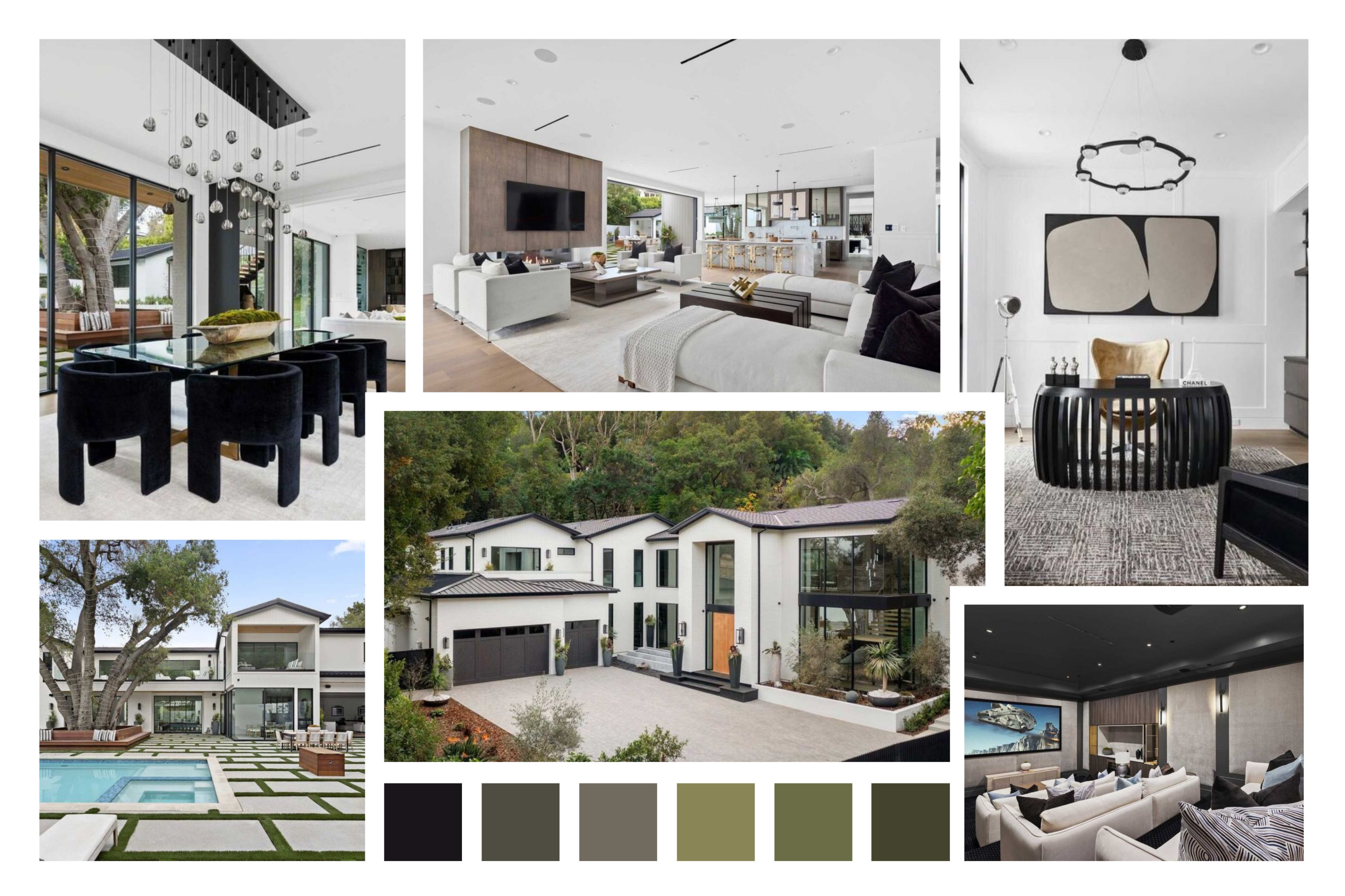The collage features various modern interior and exterior designs of a contemporary home, showcasing a blend of dining areas, living spaces, and outdoor features.