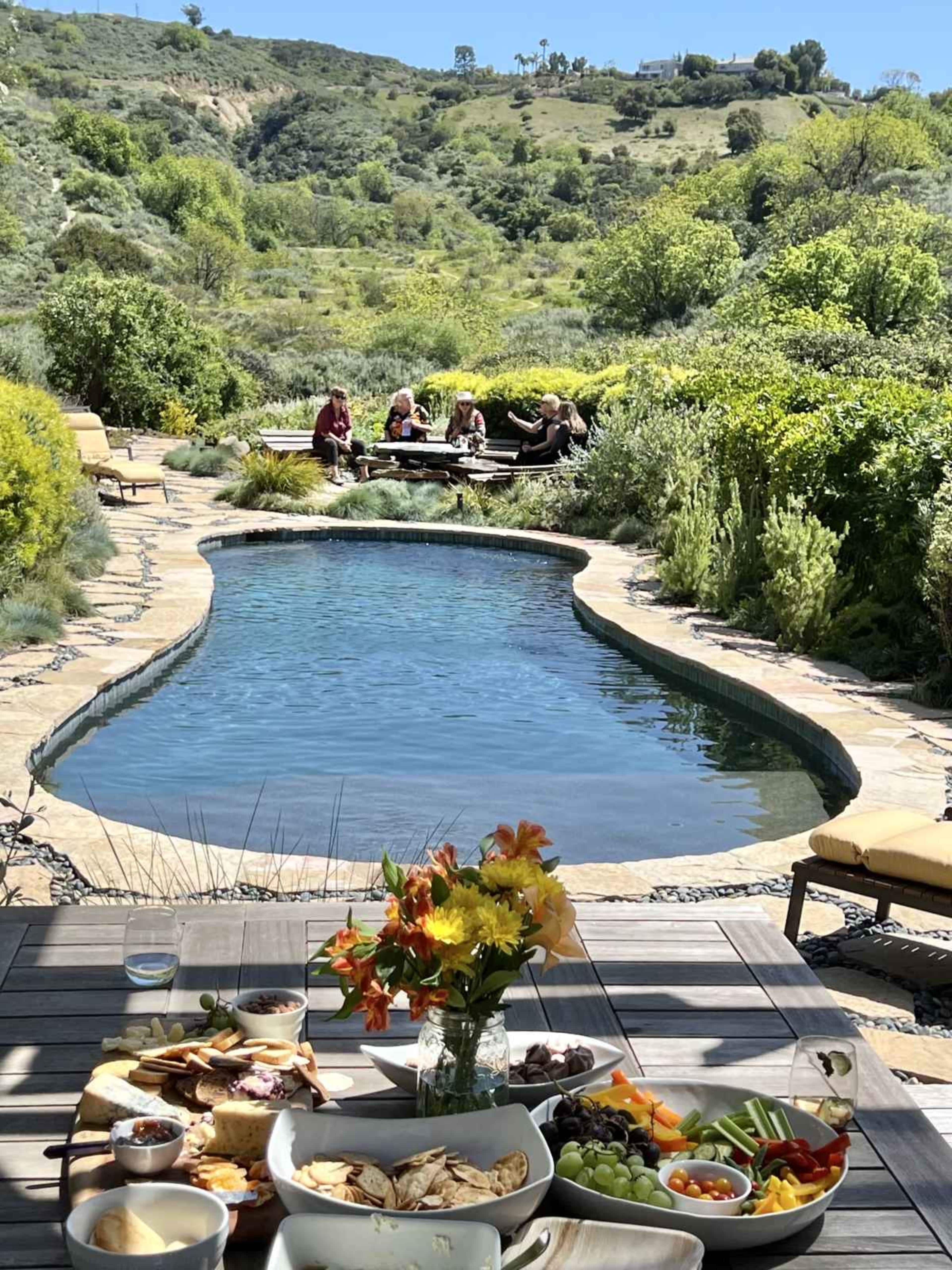 A serene outdoor scene features a pool surrounded by greenery, with a table set for a meal in the foreground and a group of people gathered in the background.