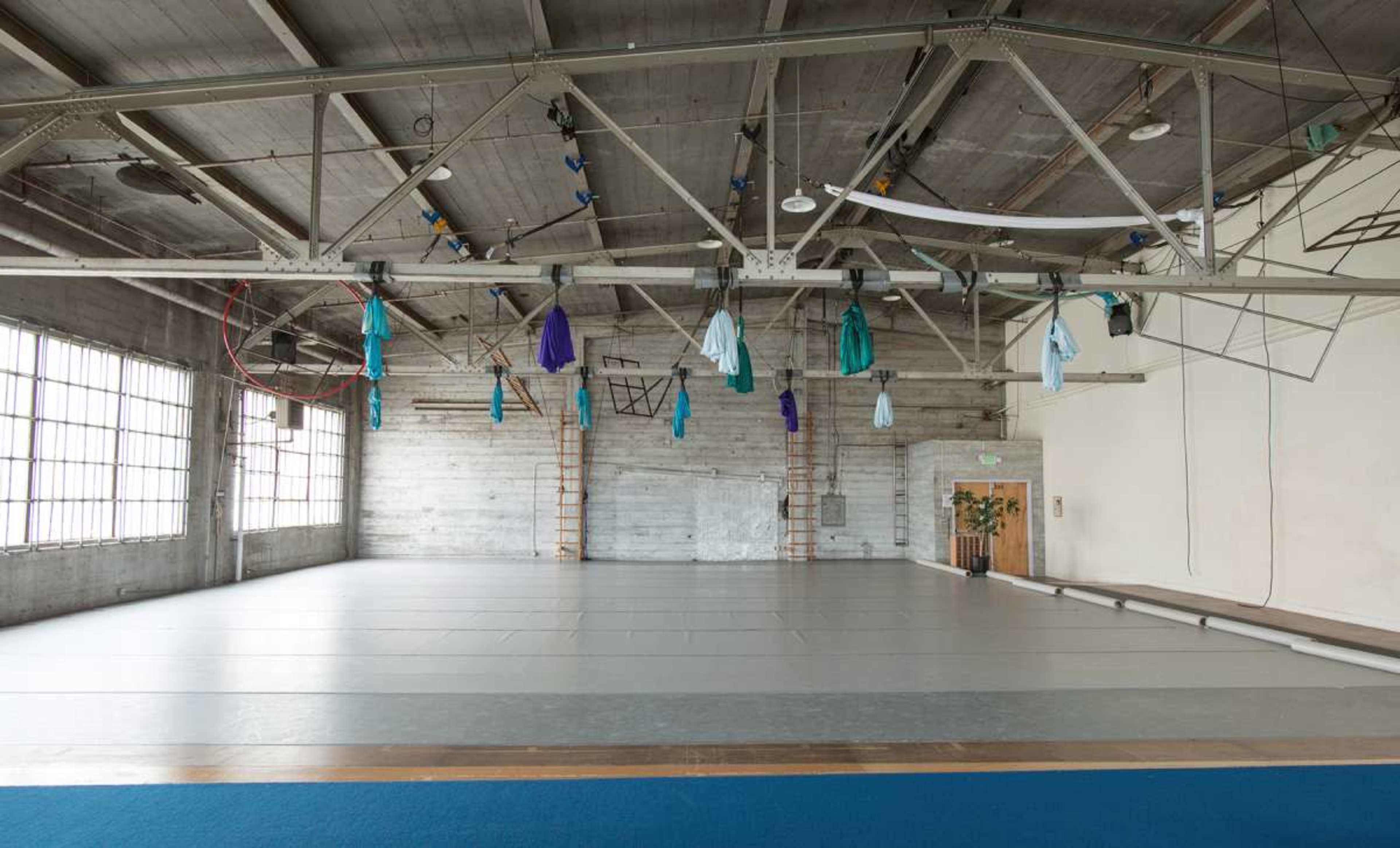 An empty indoor studio with large windows, exposed beams, and aerial silks hanging from the ceiling.