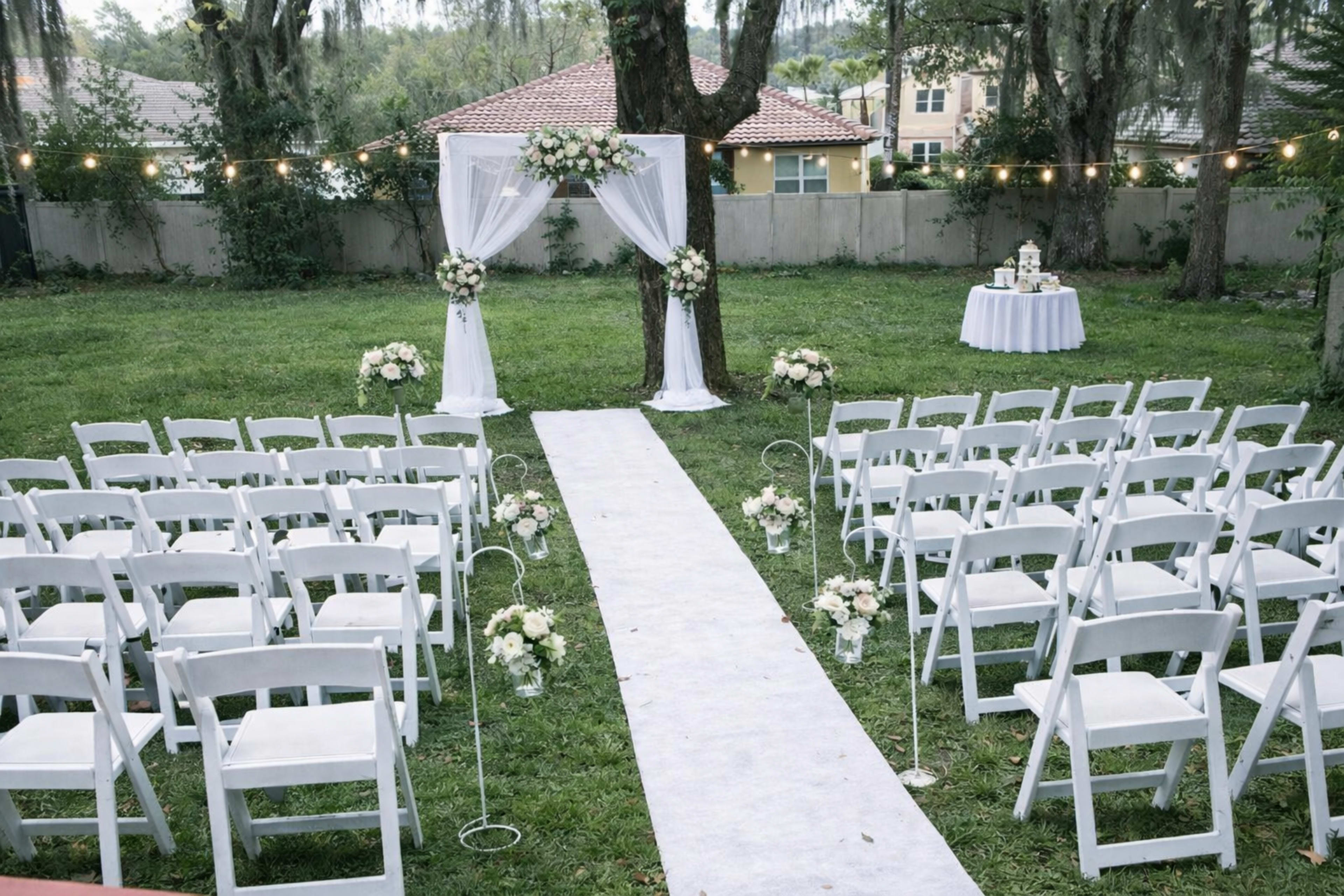 The image shows a wedding ceremony setup in a grassy area, featuring white folding chairs arranged in rows facing a decorated arch and a small table with a cake in the background.