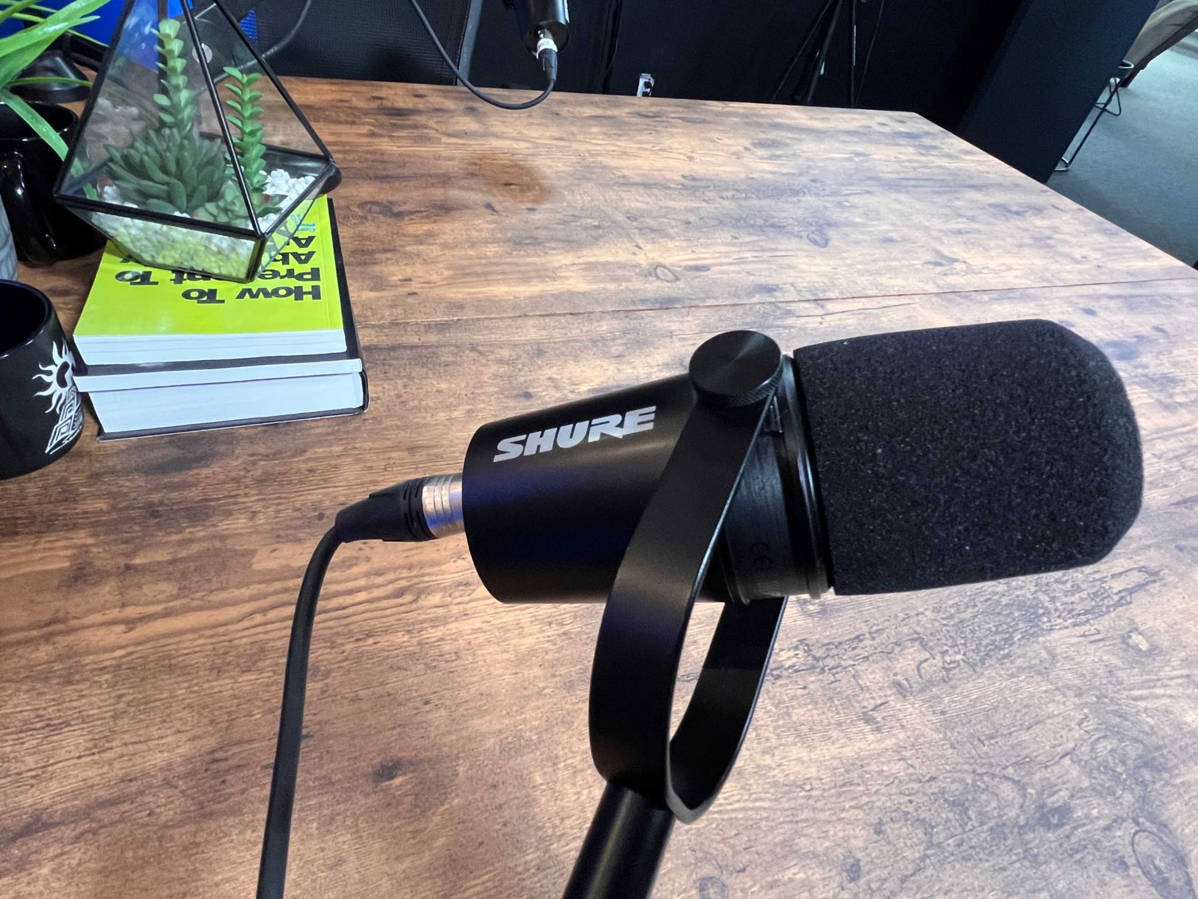 A Shure microphone is positioned on a wooden table with a small stack of books and a decorative plant in the background.