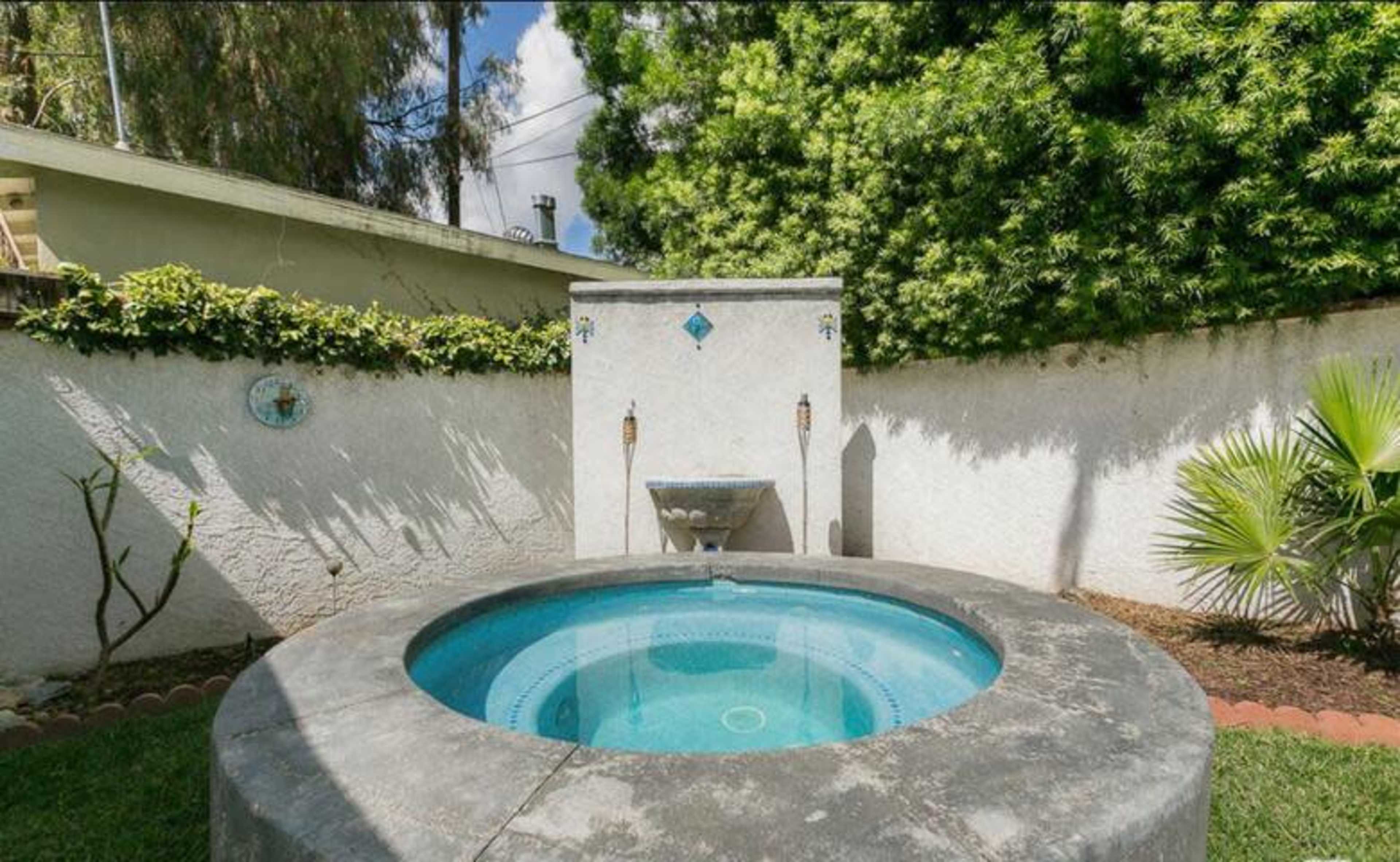A circular hot tub surrounded by a manicured garden and a white wall.