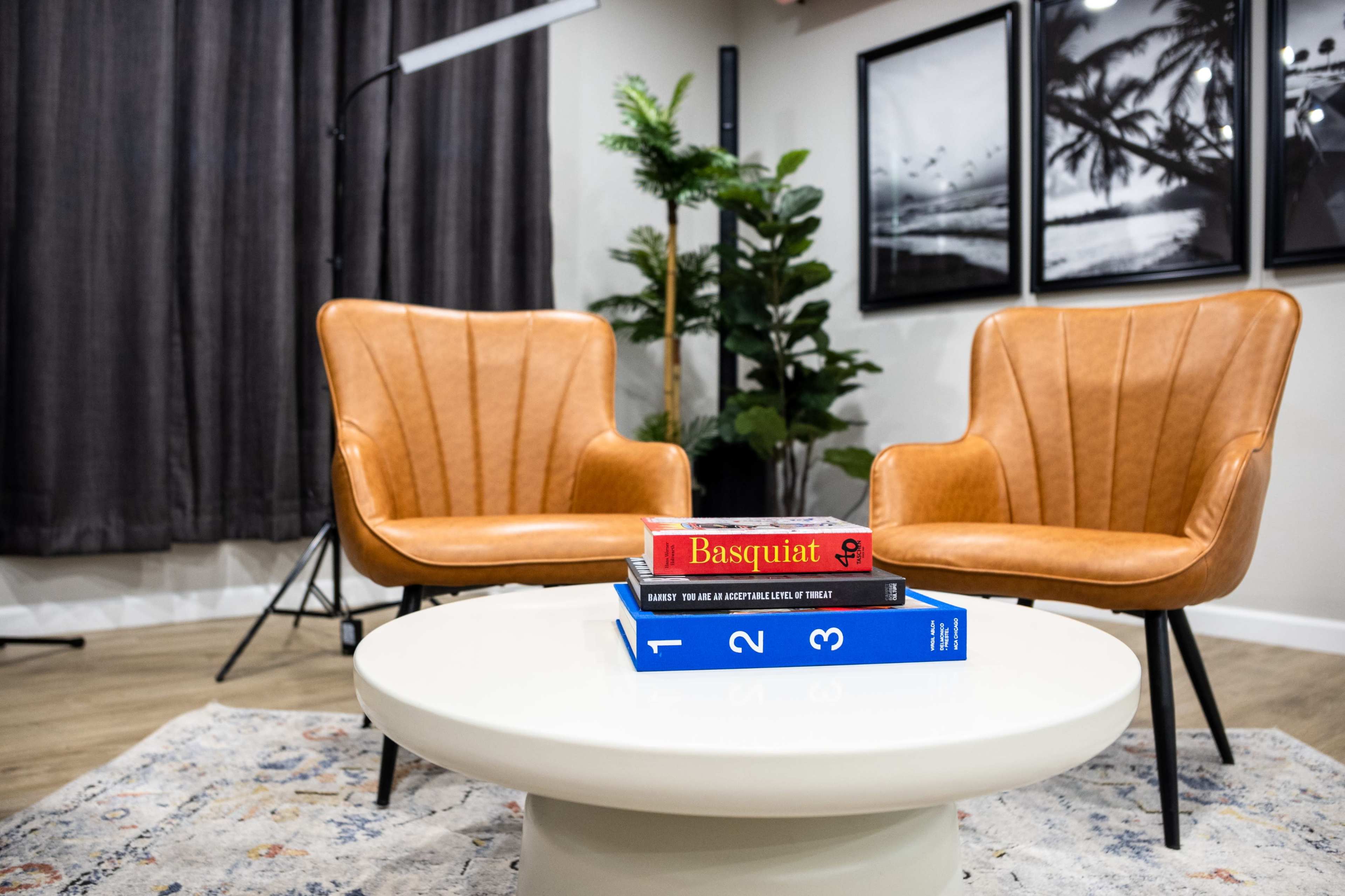 A modern living space featuring two tan armchairs facing a coffee table with stacked books, set against a backdrop of framed photographs and a plant.