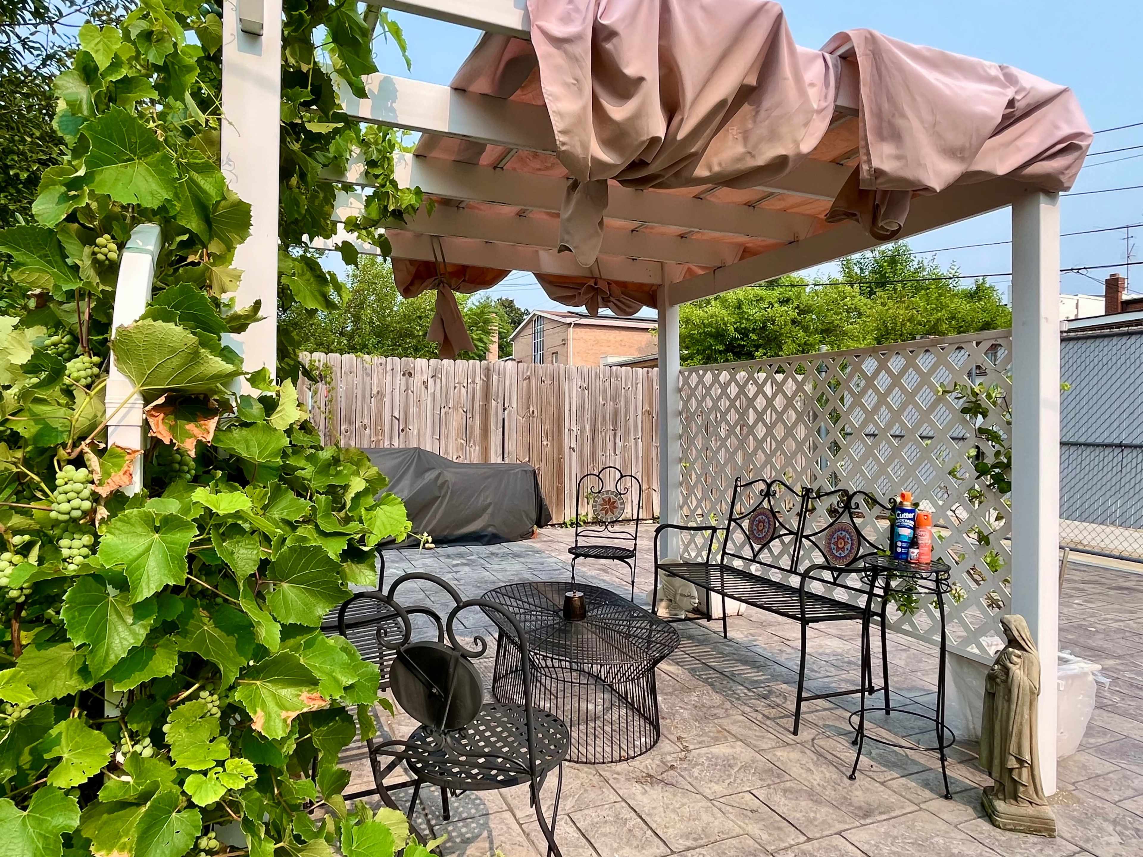 A patio area with a canopy supported by a white structure, surrounded by creeping vines and featuring metal furniture set on a patterned stone surface.