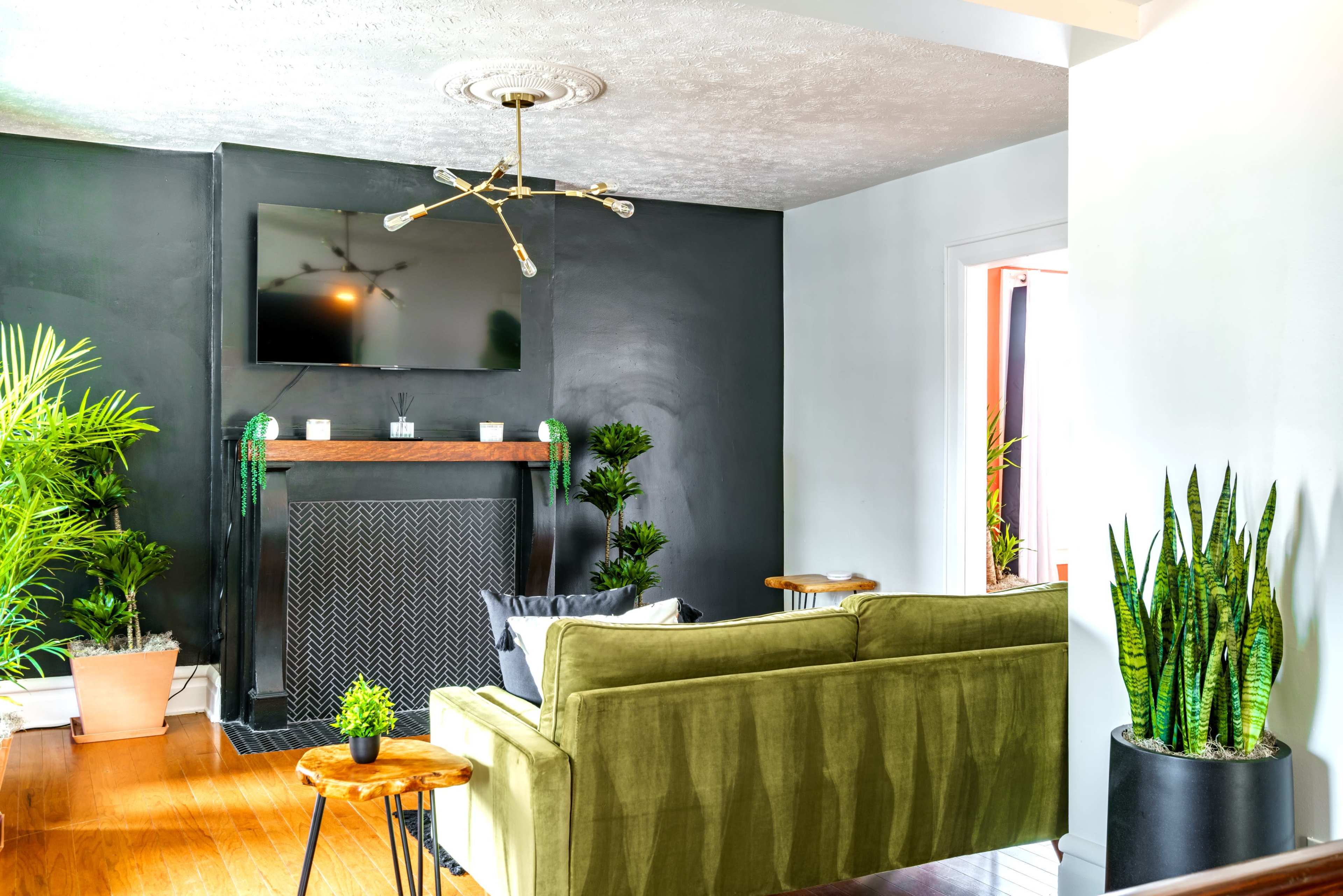 The room features a green sofa facing a mounted TV above a decorative fireplace, surrounded by various indoor plants.