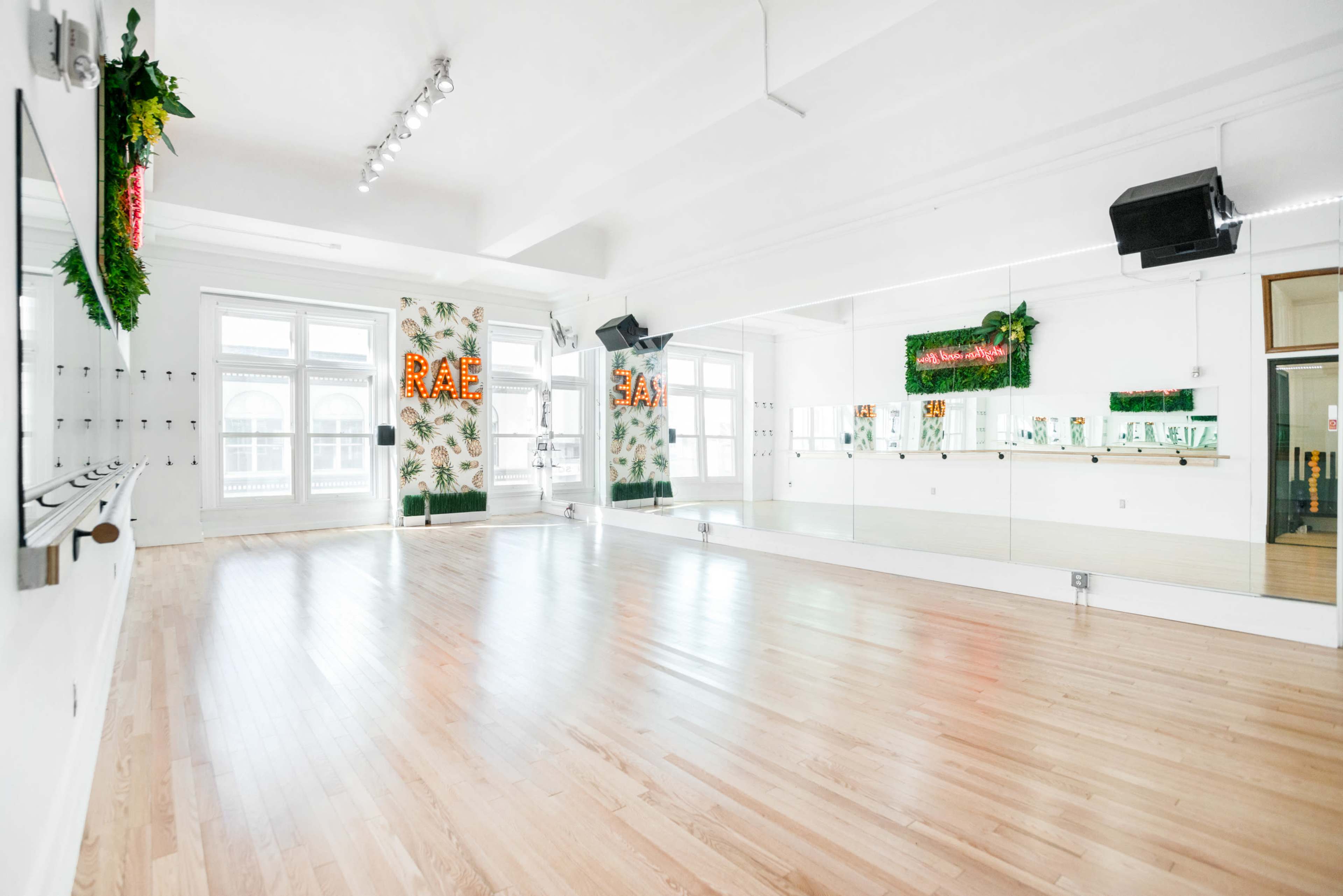 A spacious dance studio with wooden floors, large mirrors, and decorative wall panels featuring plants and illuminated letters.