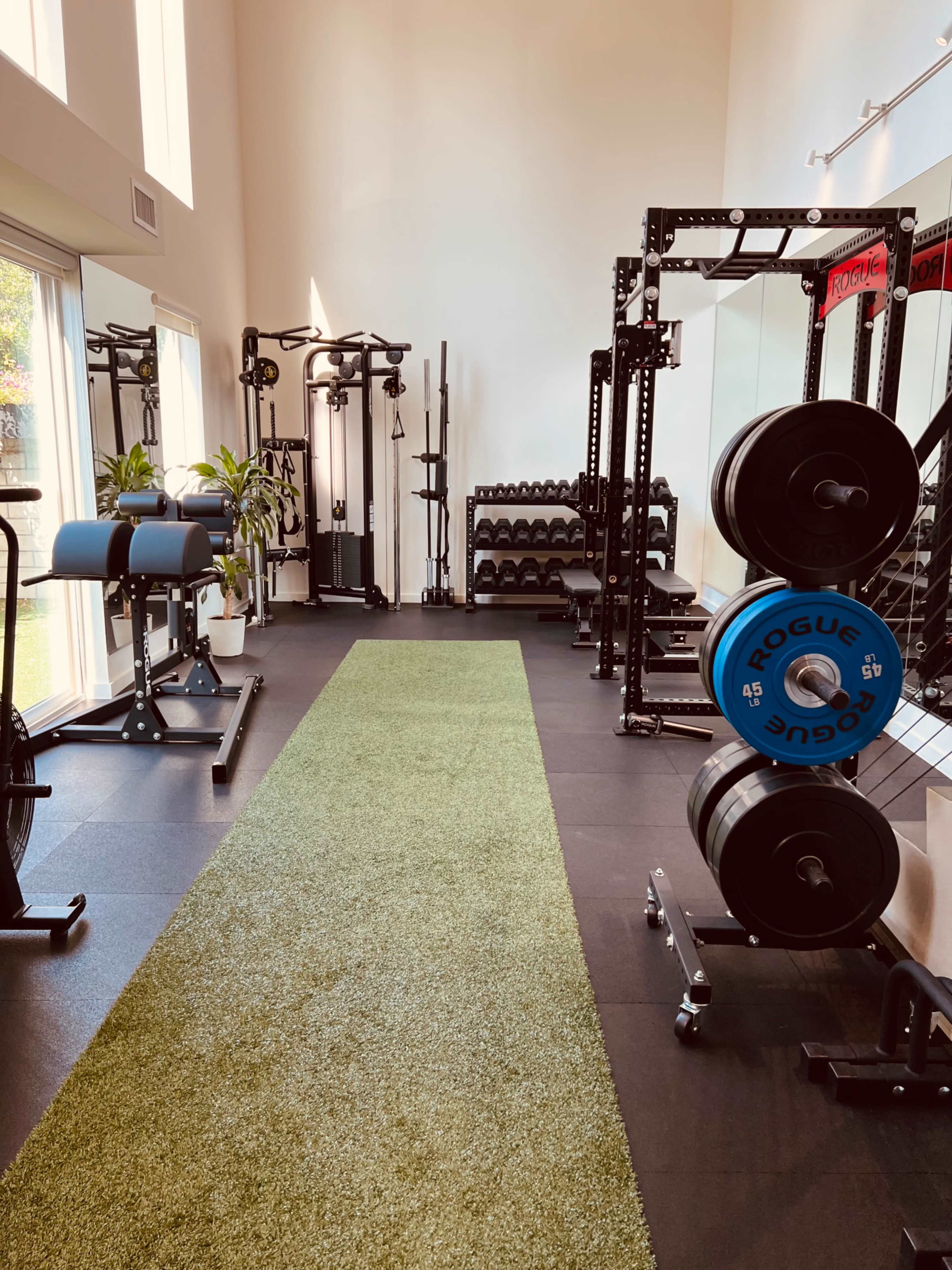 A well-organized home gym with workout equipment, including weight racks, a turf strip, and a variety of exercise machines.