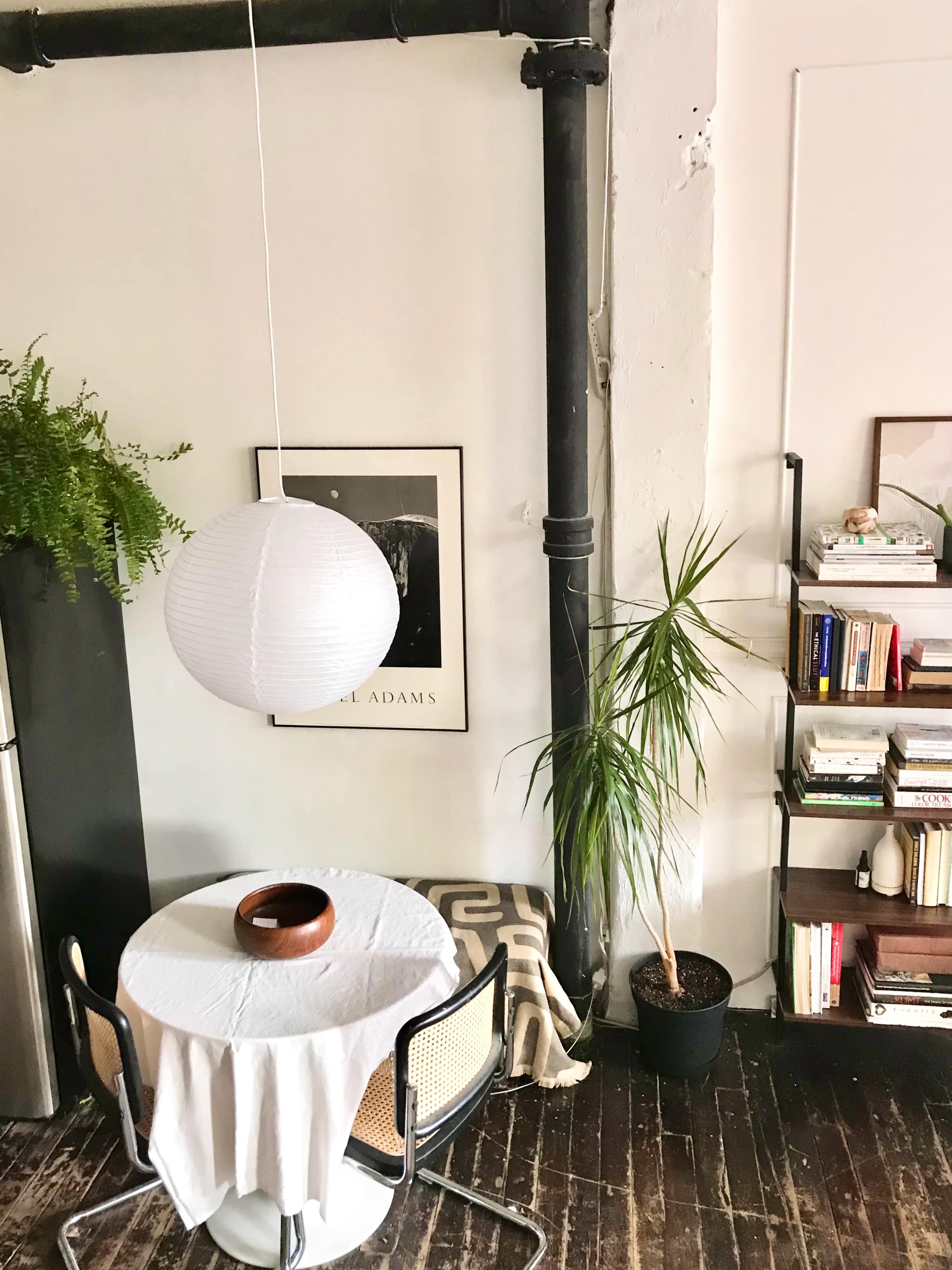 A round white pendant lamp hangs above a small table with a white tablecloth, surrounded by plants and a bookshelf in a bright interior space.