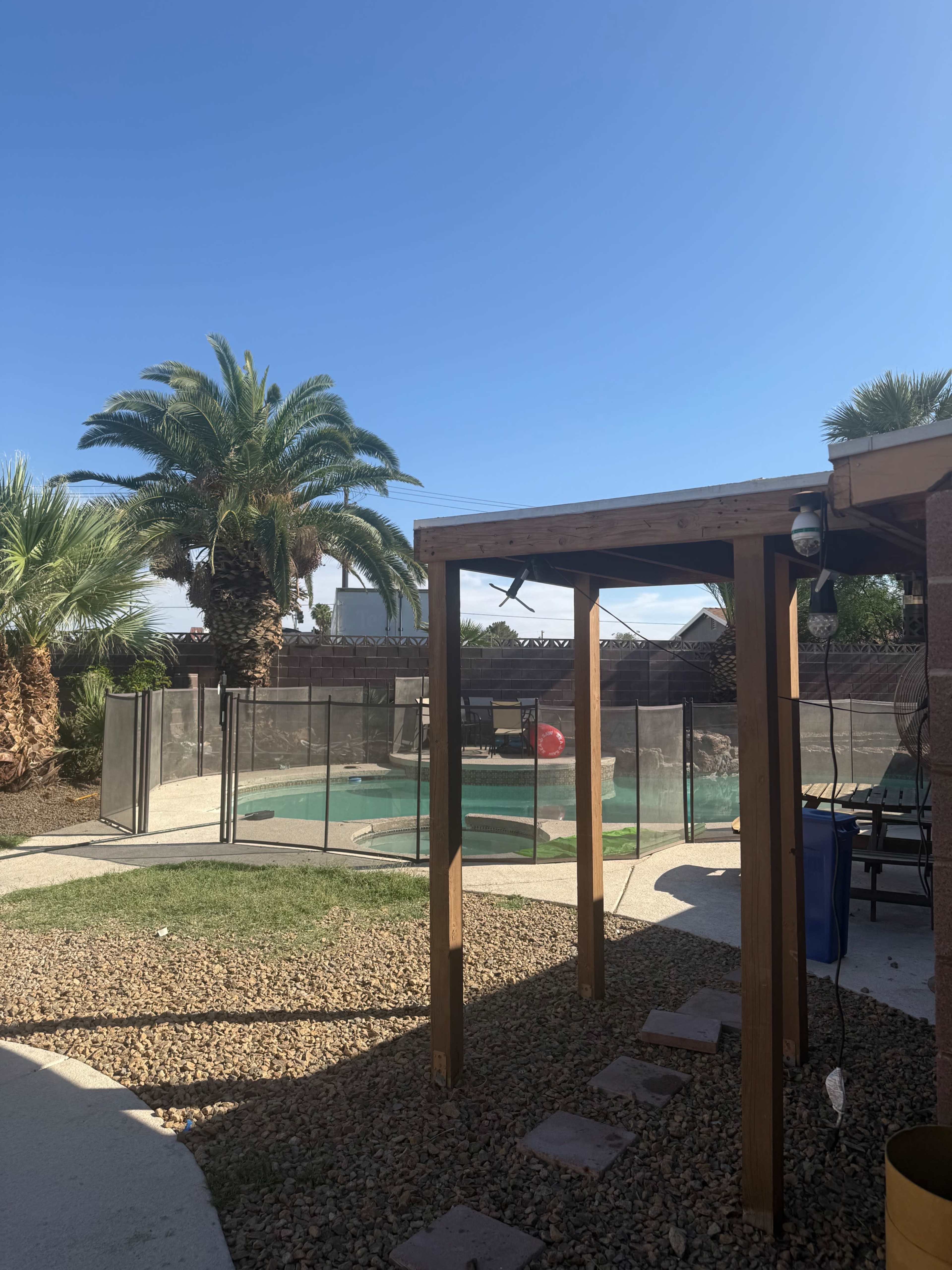 The image shows a backyard with a swimming pool enclosed by a safety fence, surrounded by palm trees and a clear blue sky.