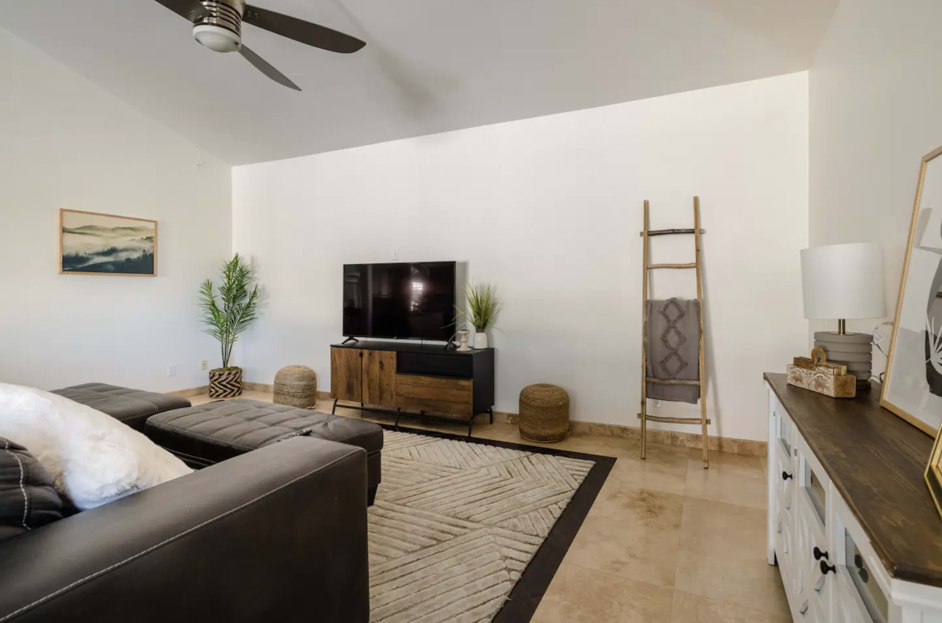 A modern living room features a black sofa, a wall-mounted television, a decorative ladder, and a coffee table with potted plants.