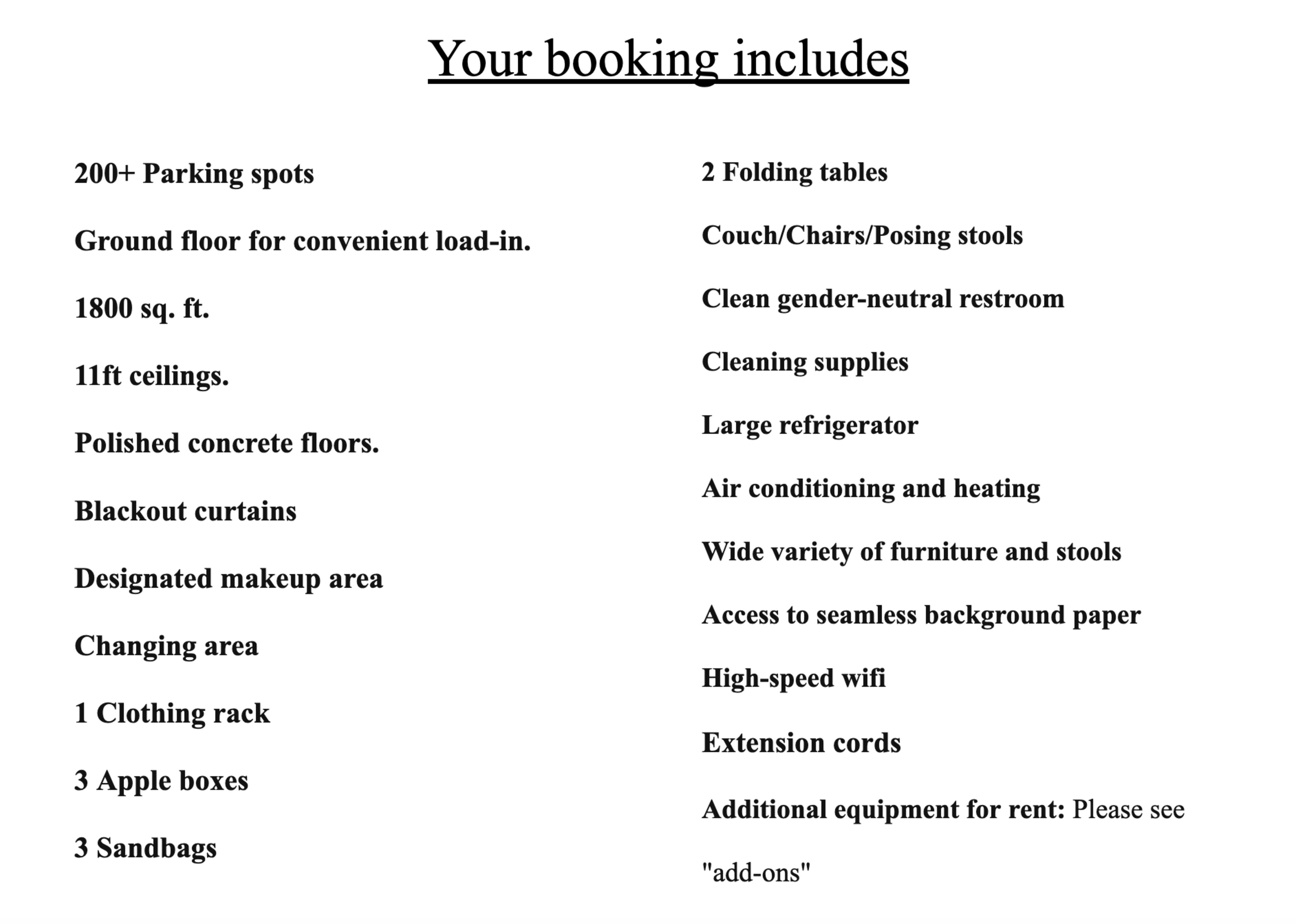 The document lists the amenities and features included in a booking, such as parking spots, tables, restroom facilities, and equipment.