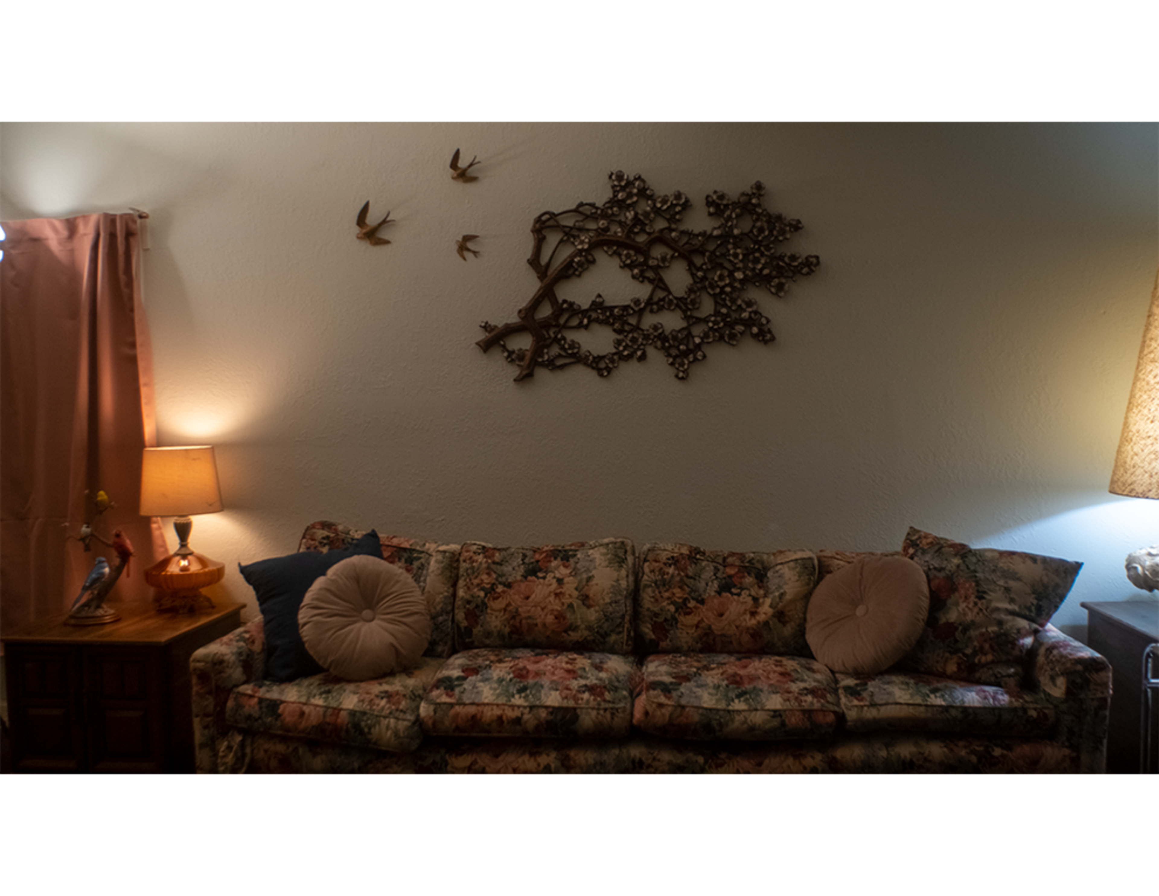 A floral-patterned sofa sits against a wall adorned with a metal branch sculpture and small bird decorations.