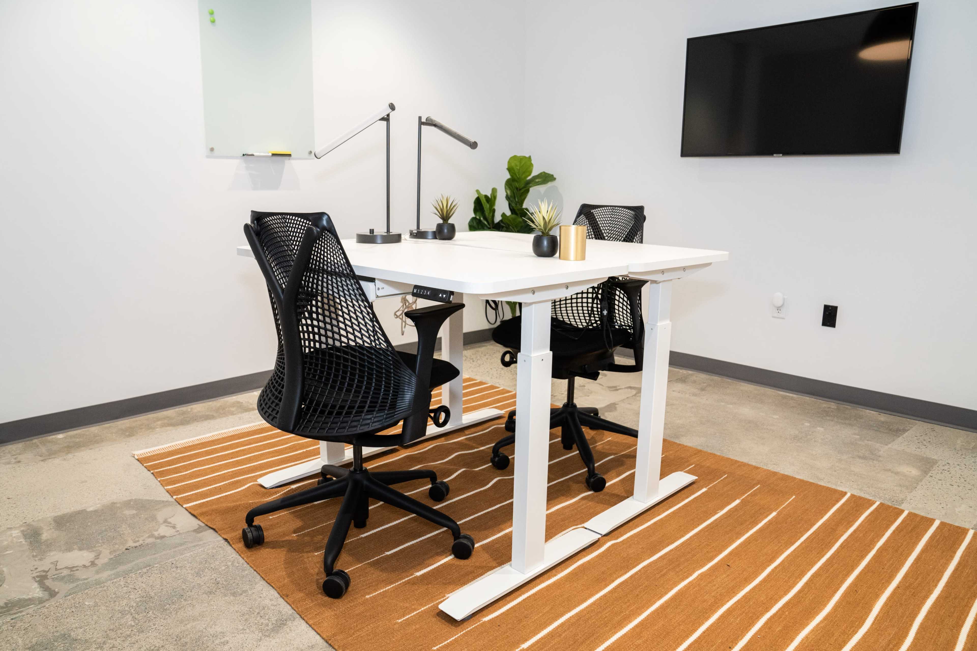 A modern office space features a white standing desk with two black mesh chairs on a brown striped rug, accompanied by plants and a wall-mounted TV.