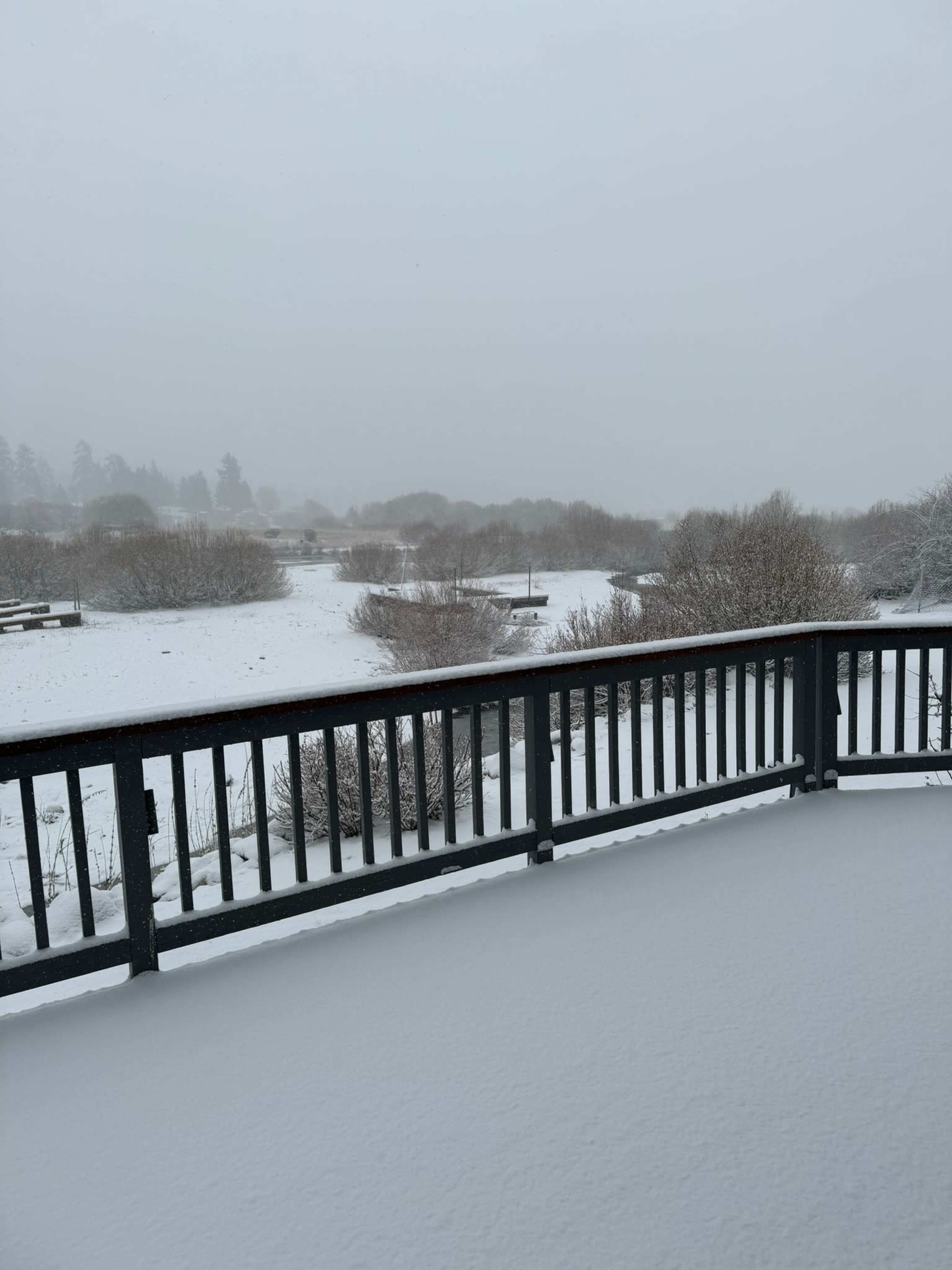 A wooden deck overlooks a snow-covered landscape with blurred outlines of trees and a river in the distance.