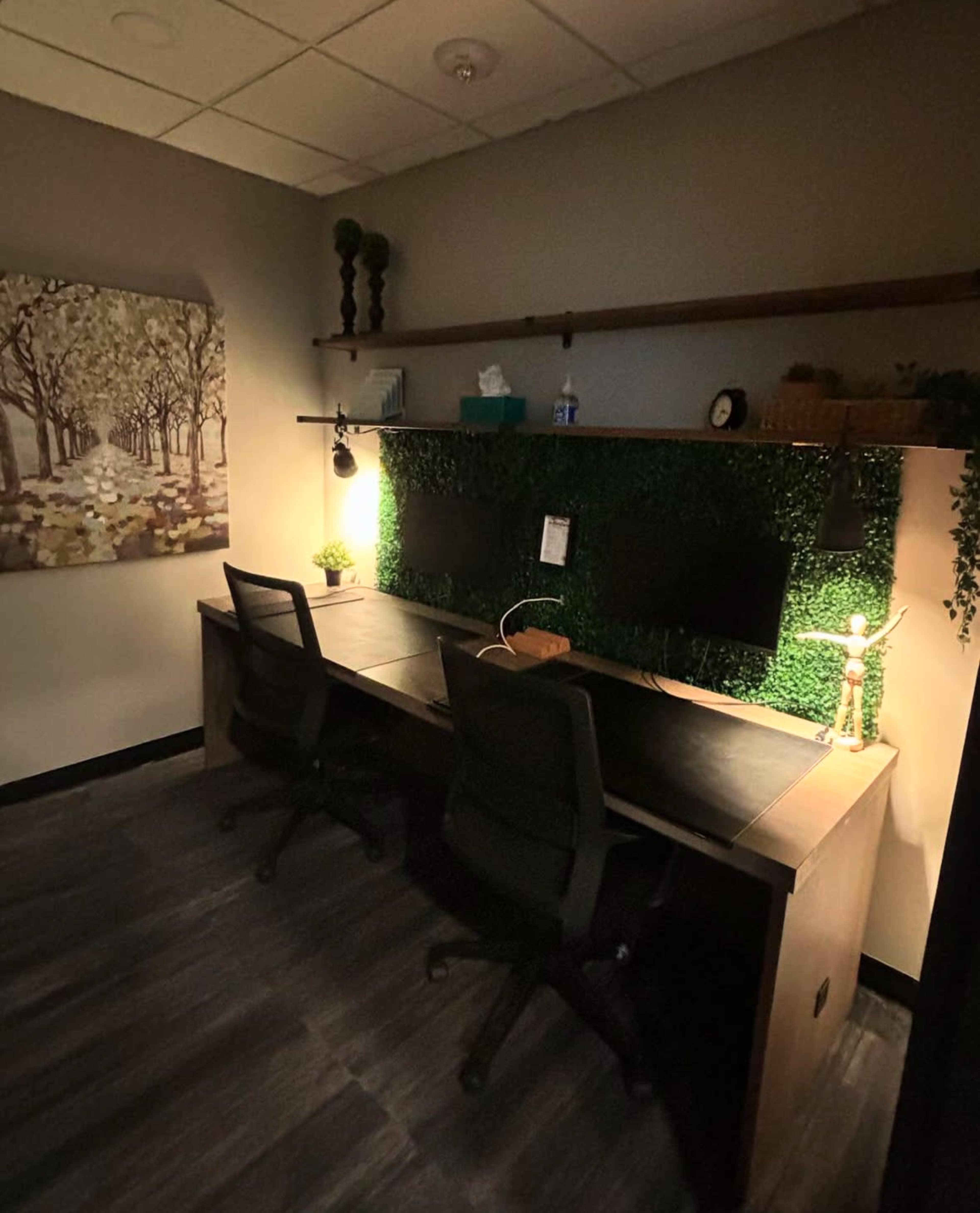 A dimly lit office space featuring a large desk with two black chairs, a wall adorned with faux greenery, and a monitor on the surface.