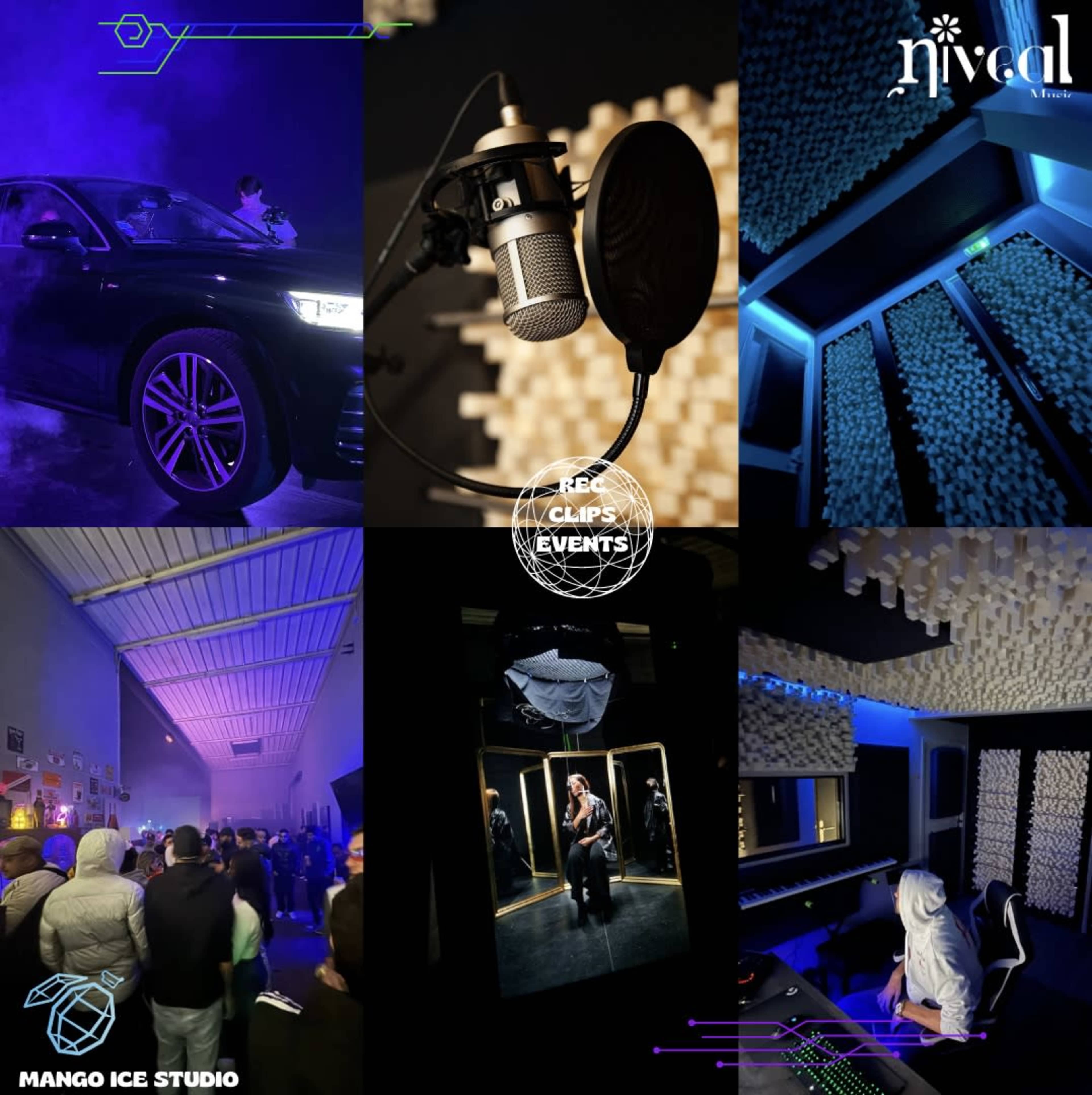 Various scenes from a music studio and event space, featuring a car, a microphone setup, people interacting, and modern interior designs.