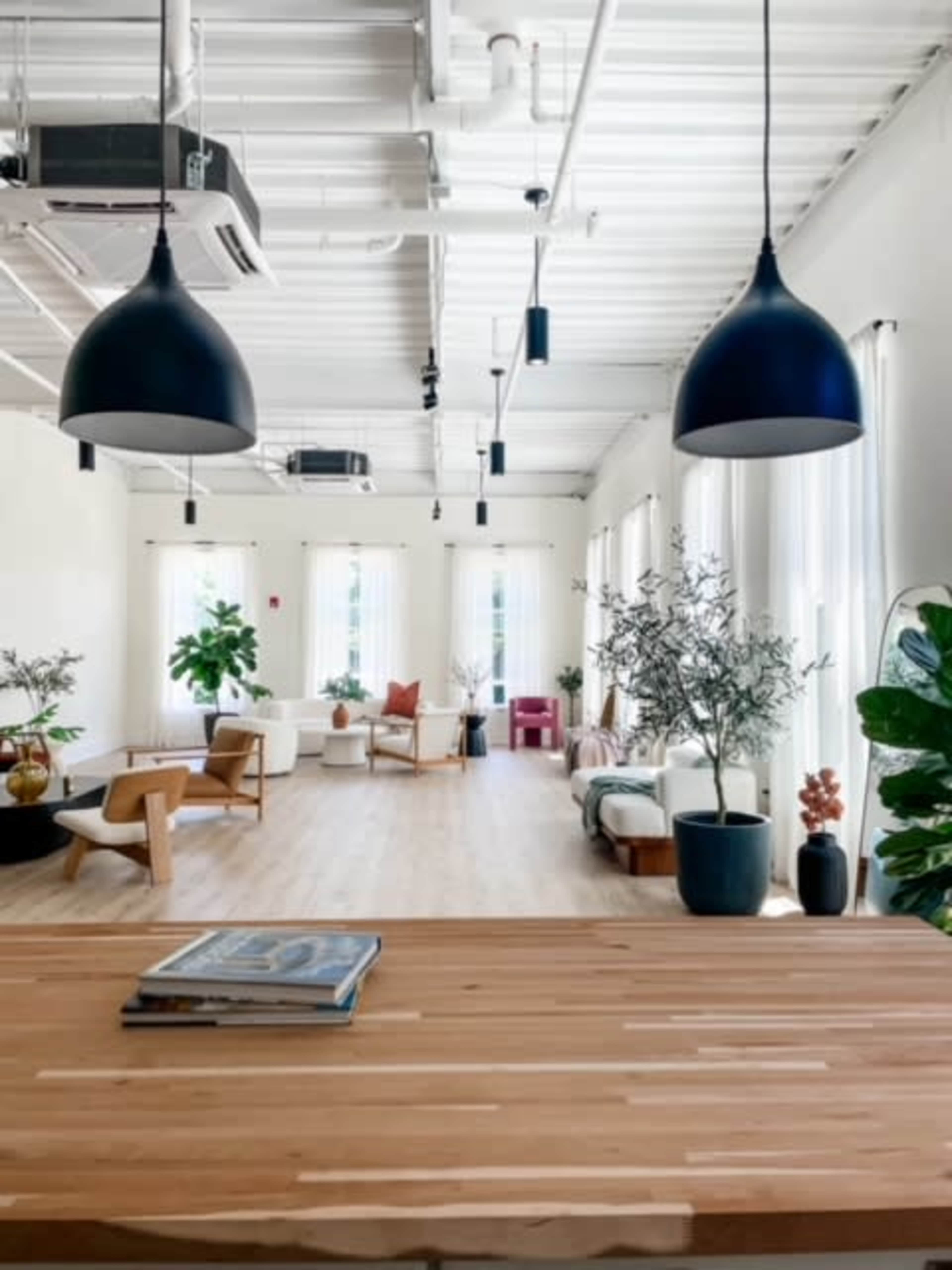 A spacious, modern interior of a room with wooden floors, large windows, and various plants, featuring pendant lights and minimalist furniture.