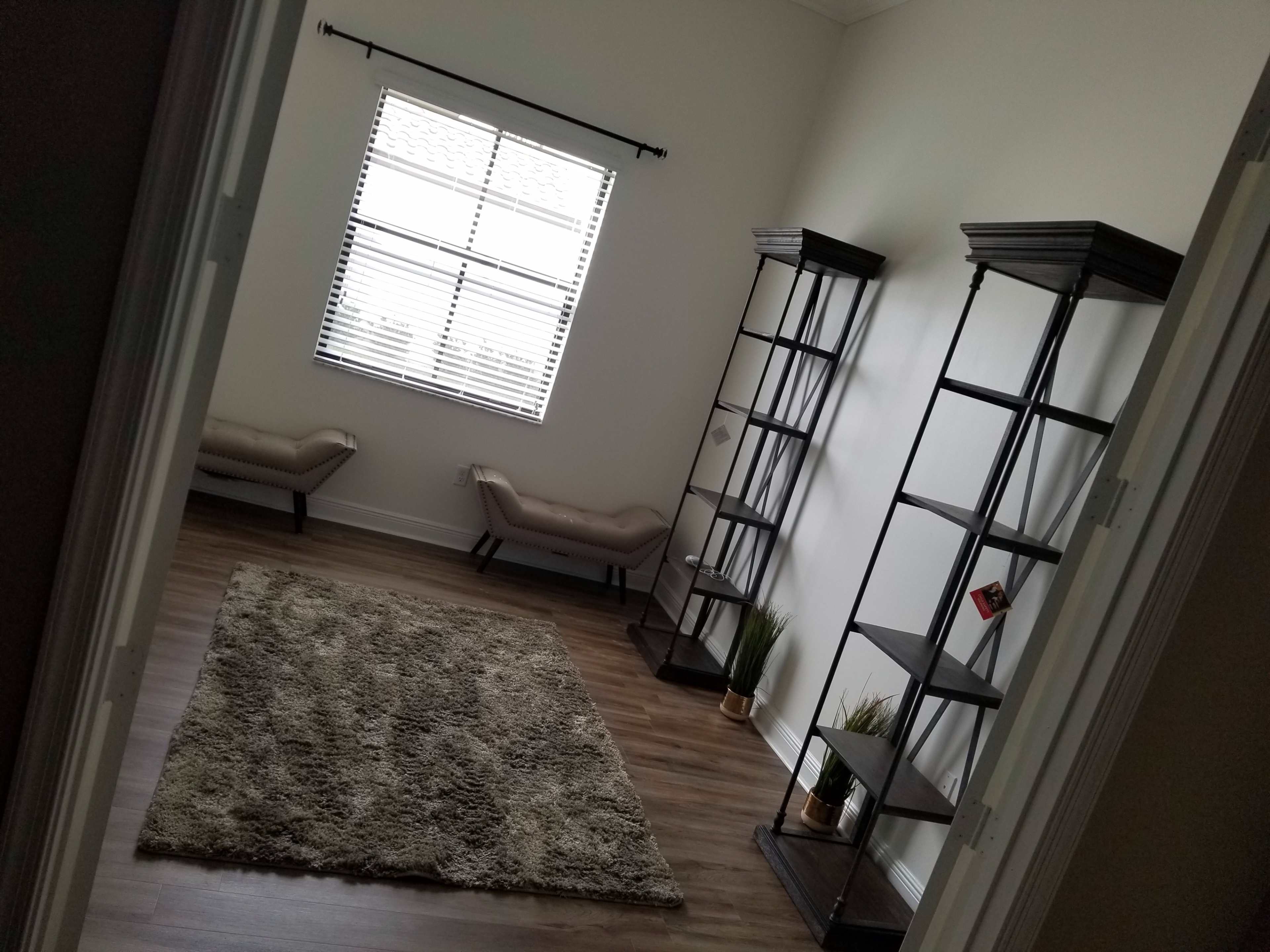 A small, empty room features two chairs, two bookshelves, and a large rug on a wooden floor, with a window allowing natural light.