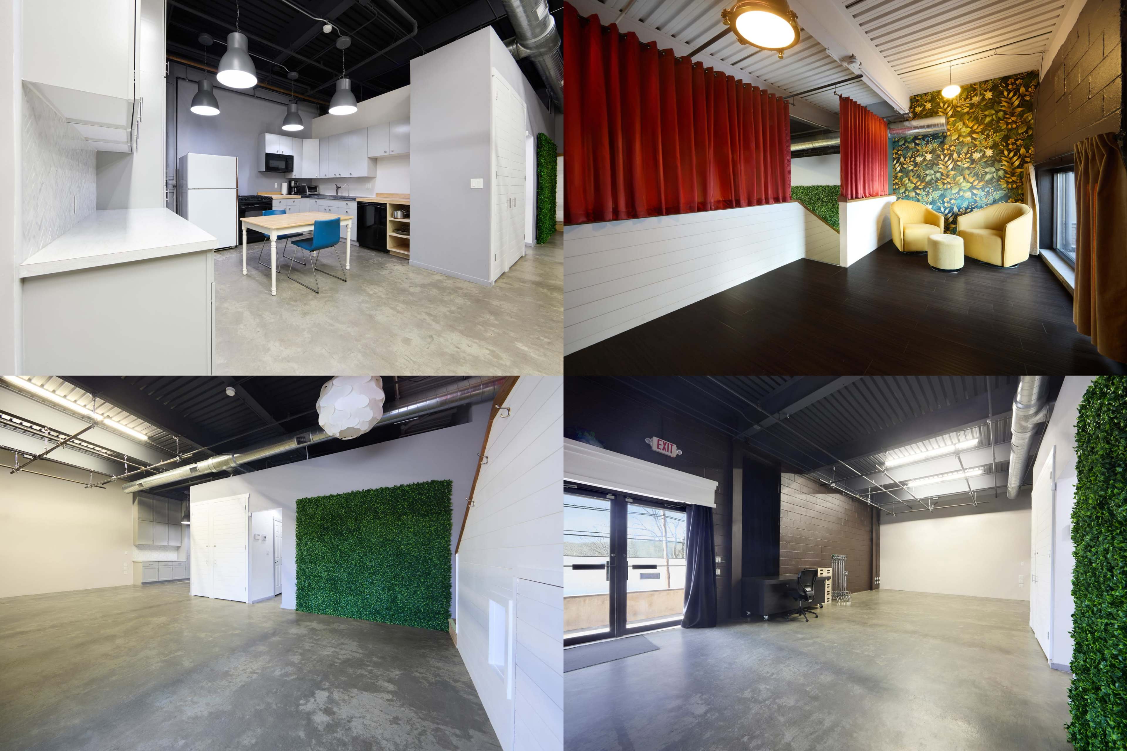 The image features a modern, multi-functional space divided into four sections, showcasing a kitchen area, a lounge with seating, a blank room with greenery, and an expansive open space with large windows.