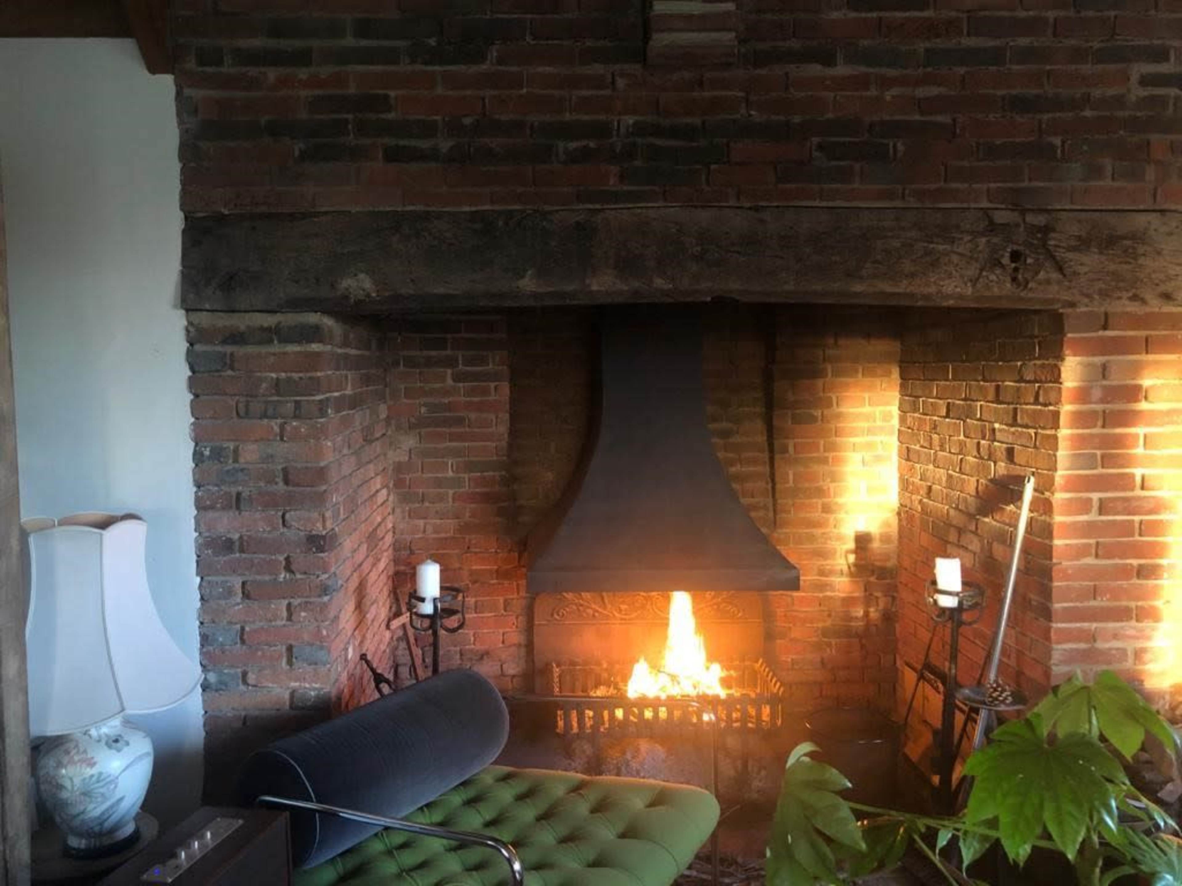 A brick fireplace with a metal hood emits flames, surrounded by a green lounge chair, a lamp, and potted plants.