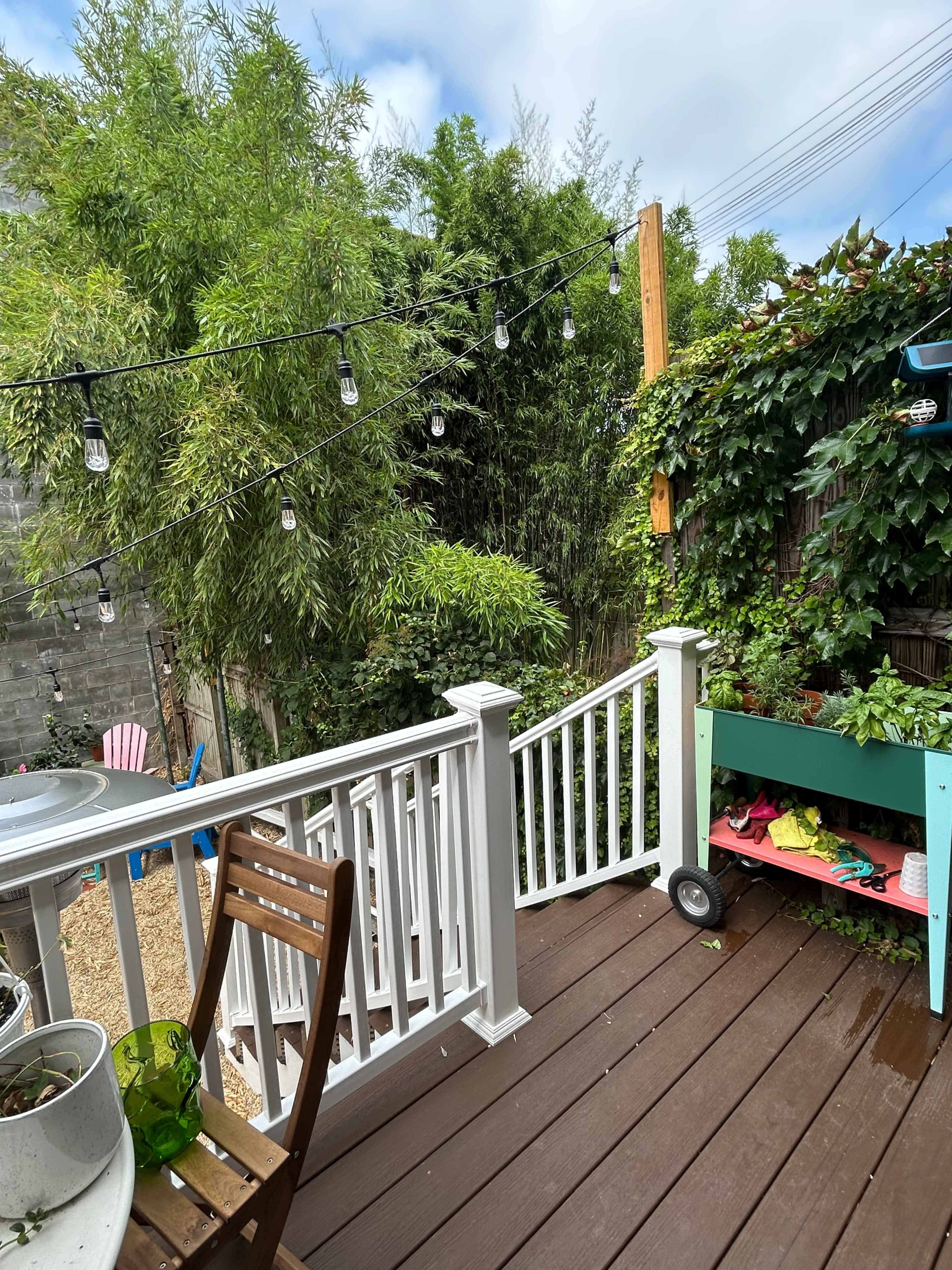The image shows a wooden deck with a railing, surrounded by lush greenery and string lights, leading into a garden area.