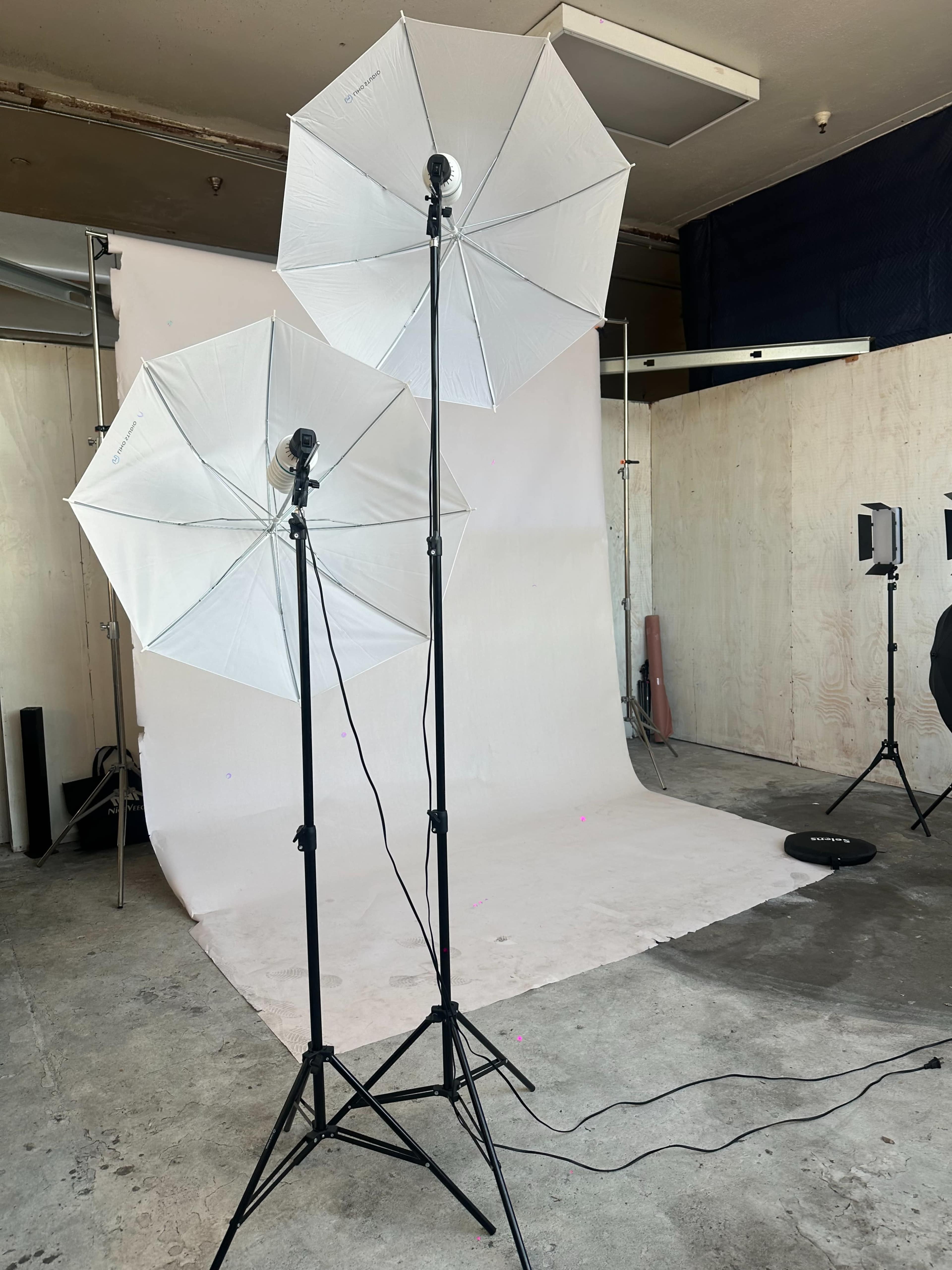 The image shows two white umbrella softbox lights positioned on black stands in a photography studio with a backdrop.