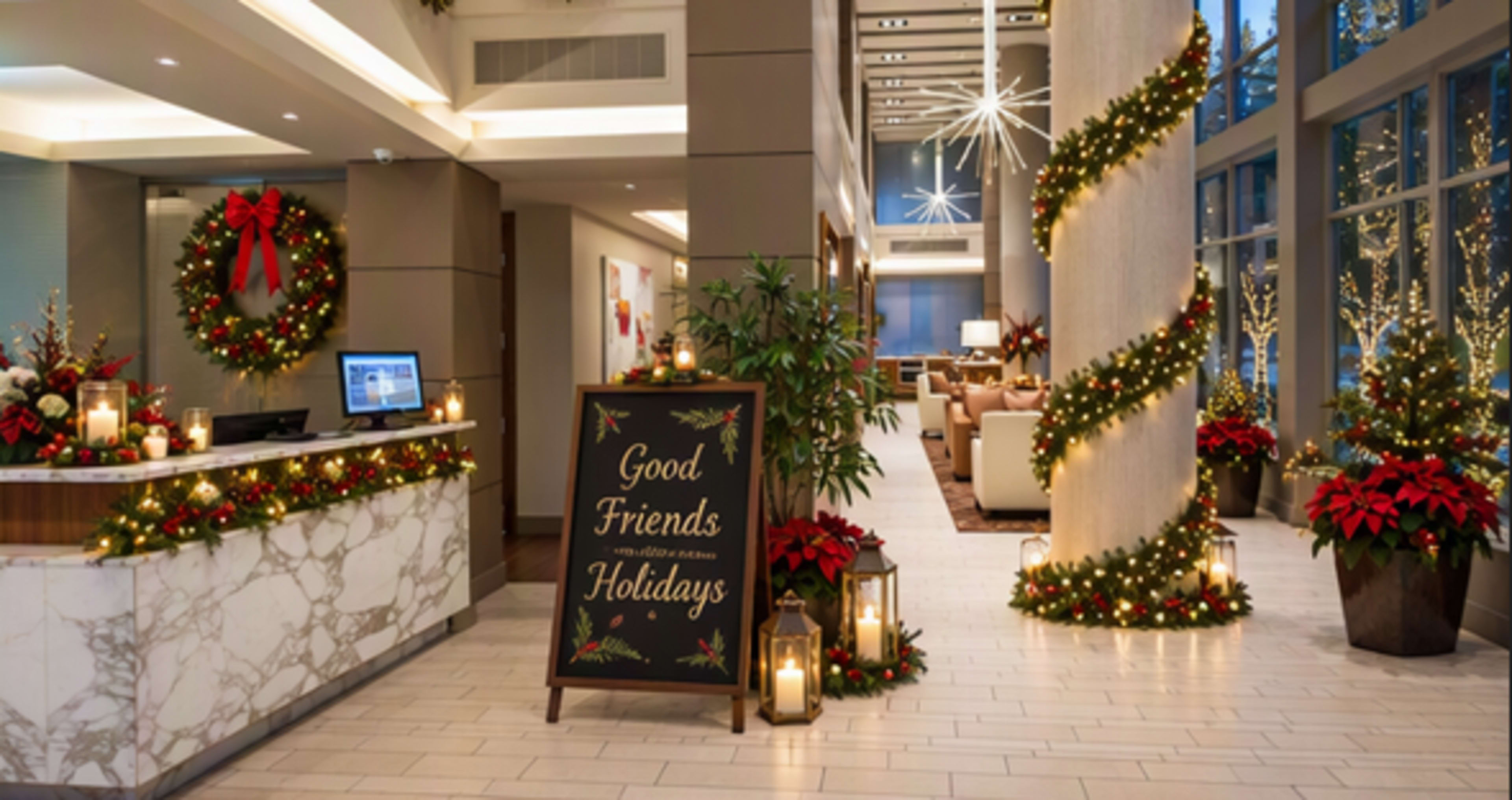 The image shows a festive hotel lobby decorated for the holidays, featuring a reception desk adorned with wreaths, a large sign reading "Good Friends, Happy Holidays," and festive greenery with lights along pillars and plants.