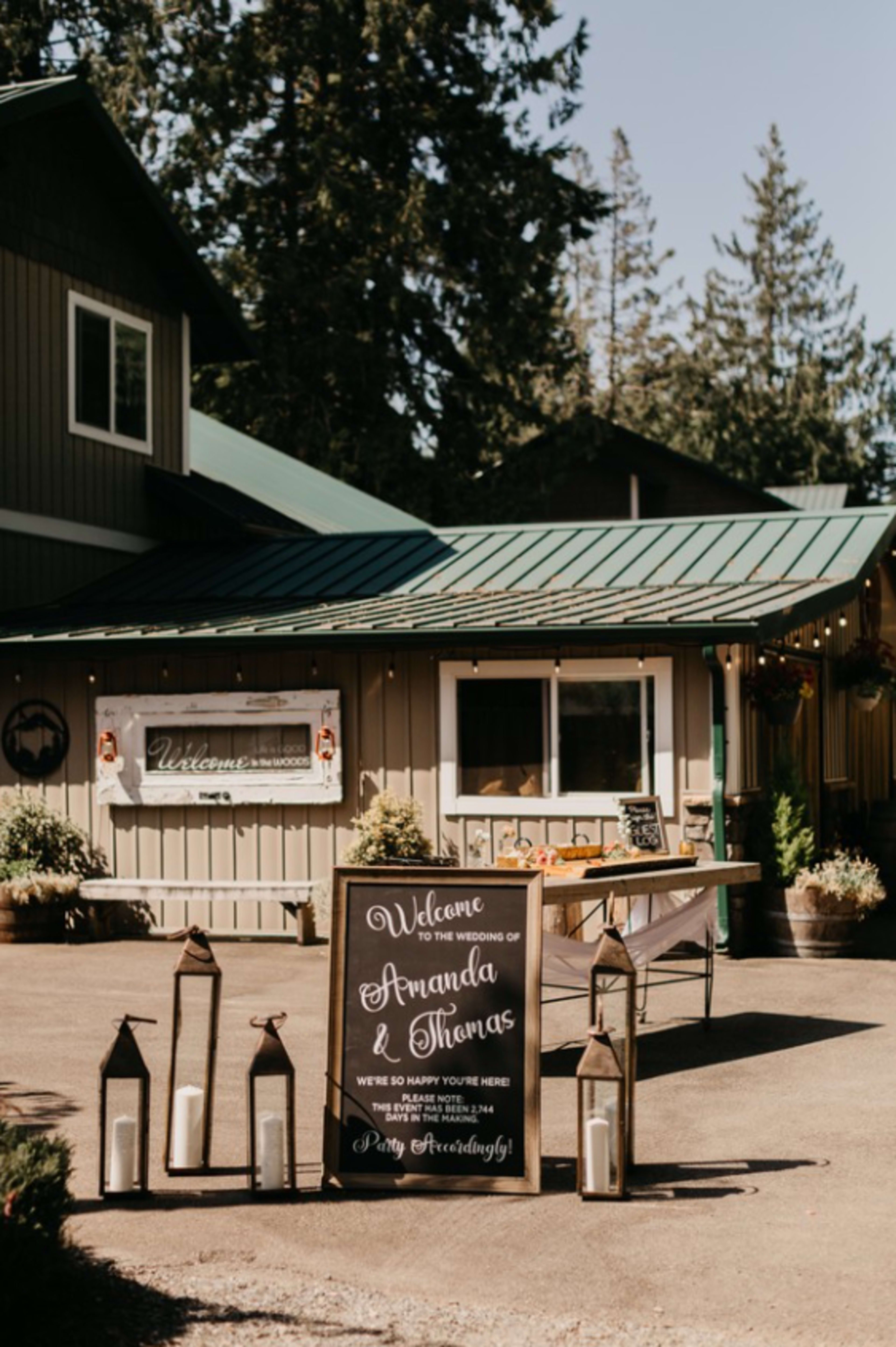 A wedding welcome sign stands in front of a building surrounded by trees, indicating the event for Amanda and Shona.