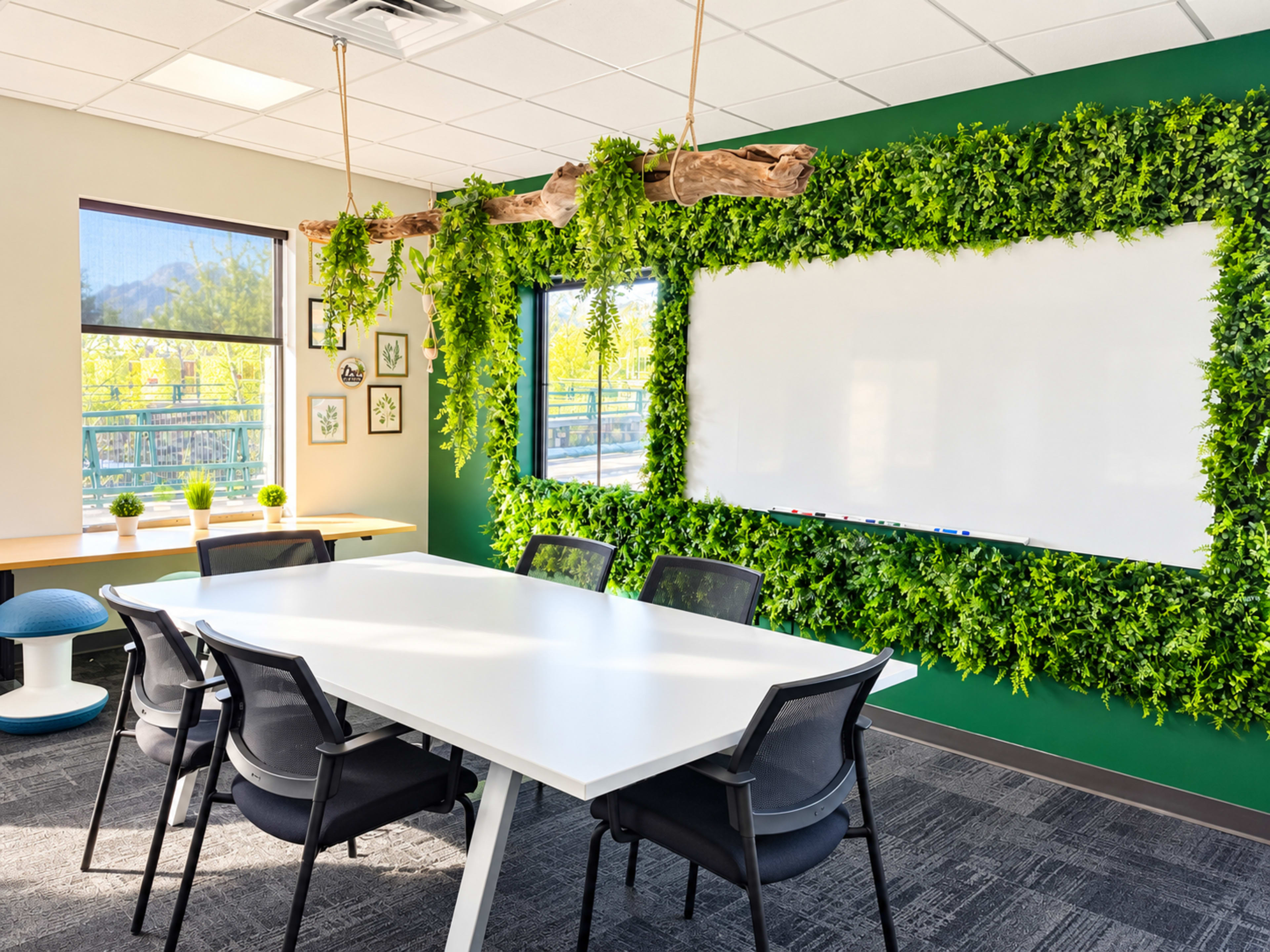 A modern conference room features a large white table surrounded by black chairs, and a wall adorned with greenery and a whiteboard.