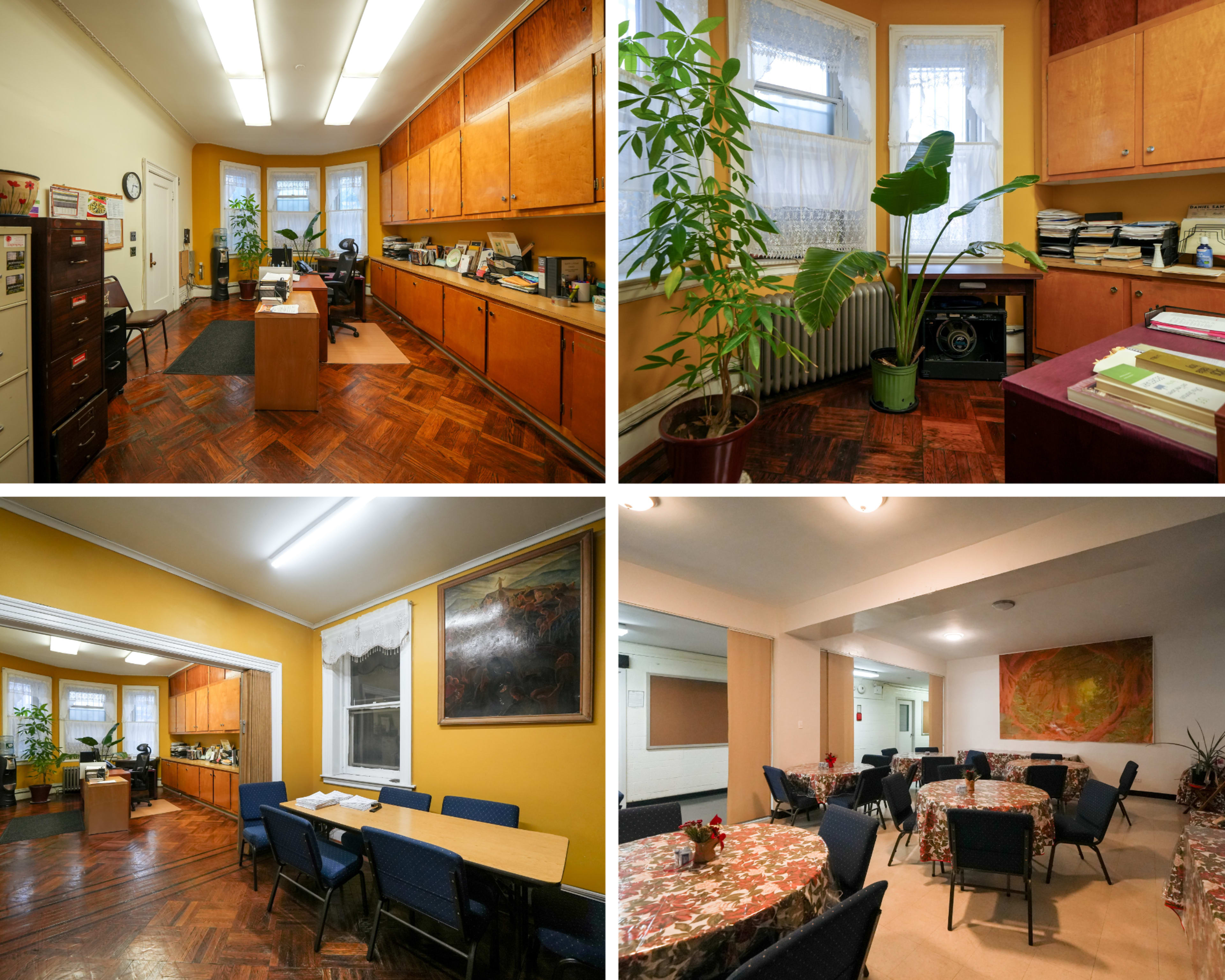 A spacious office with wooden cabinetry, a dining area with tables and chairs, and a waiting room featuring plants and bookshelves.