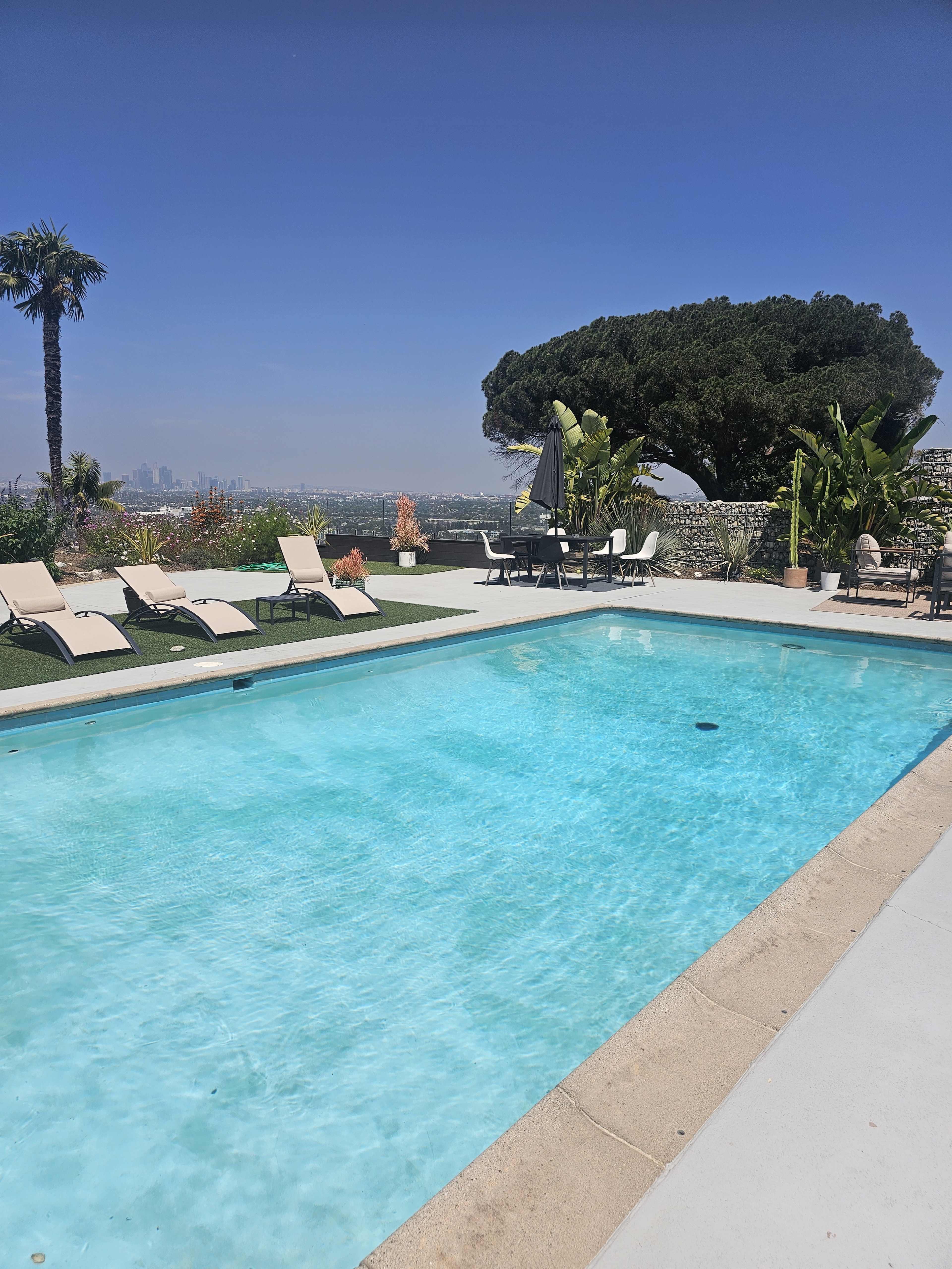 The image shows a swimming pool surrounded by lounge chairs and tropical plants, with a city skyline visible in the background under a clear blue sky.