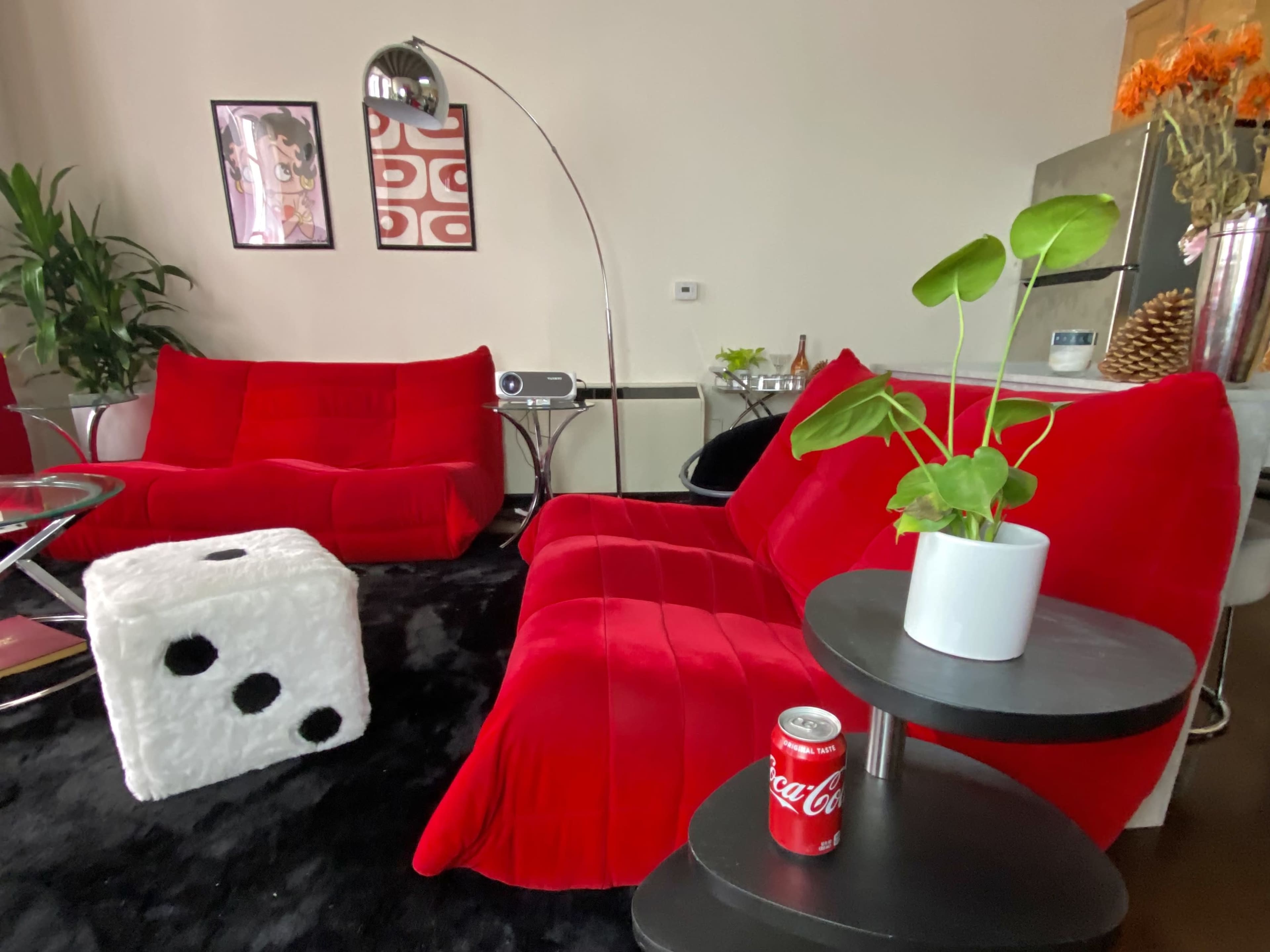 The image shows a modern living room featuring red couches, a black area rug, a potted plant, and a small table with a Coca-Cola can.