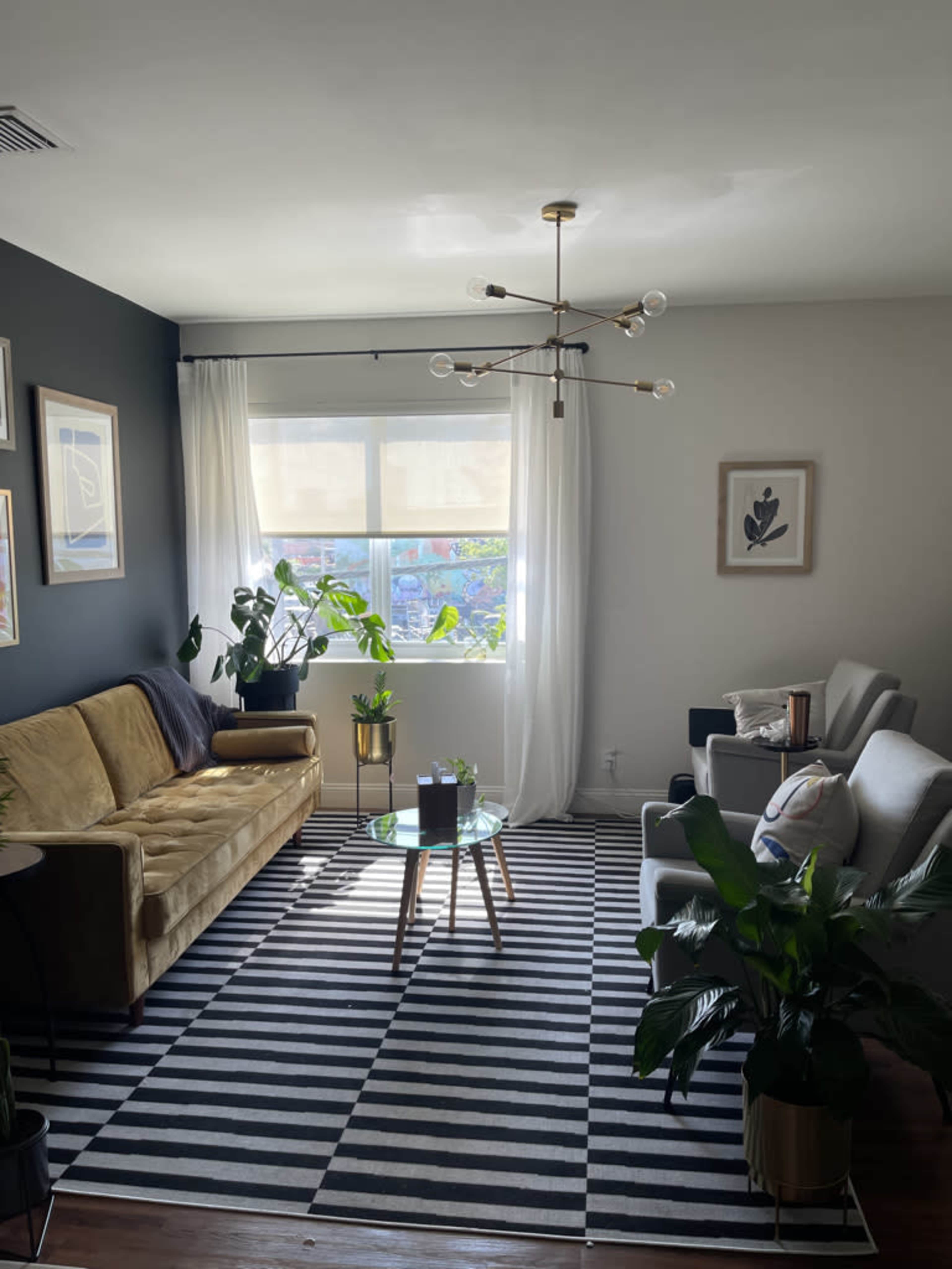 A living room with a mustard-colored sofa, gray armchairs, a striped rug, and various potted plants near a large window.