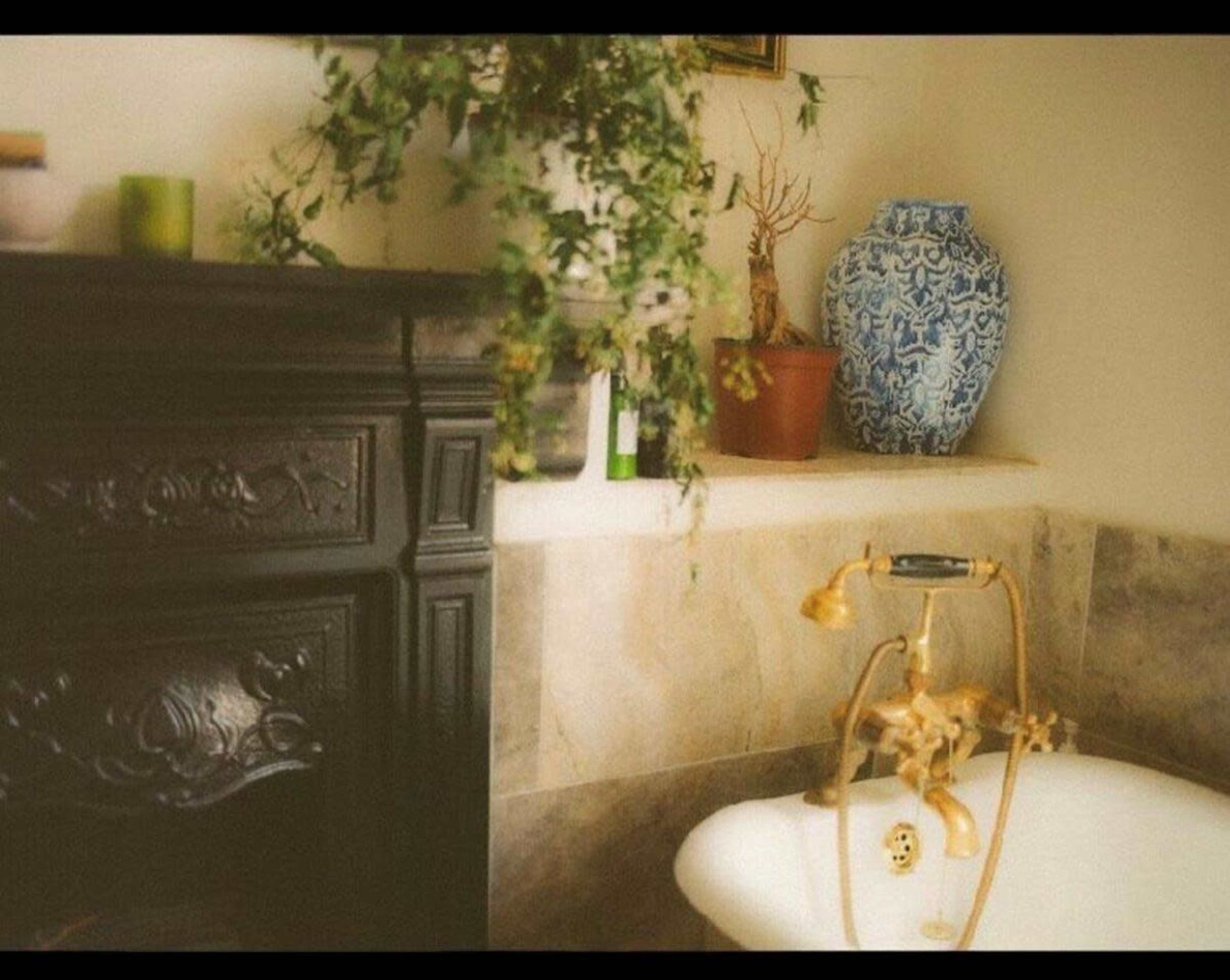 A vintage bathtub with a decorative brass faucet, situated beside a tiled wall and a windowsill adorned with plants and a blue ceramic vase.