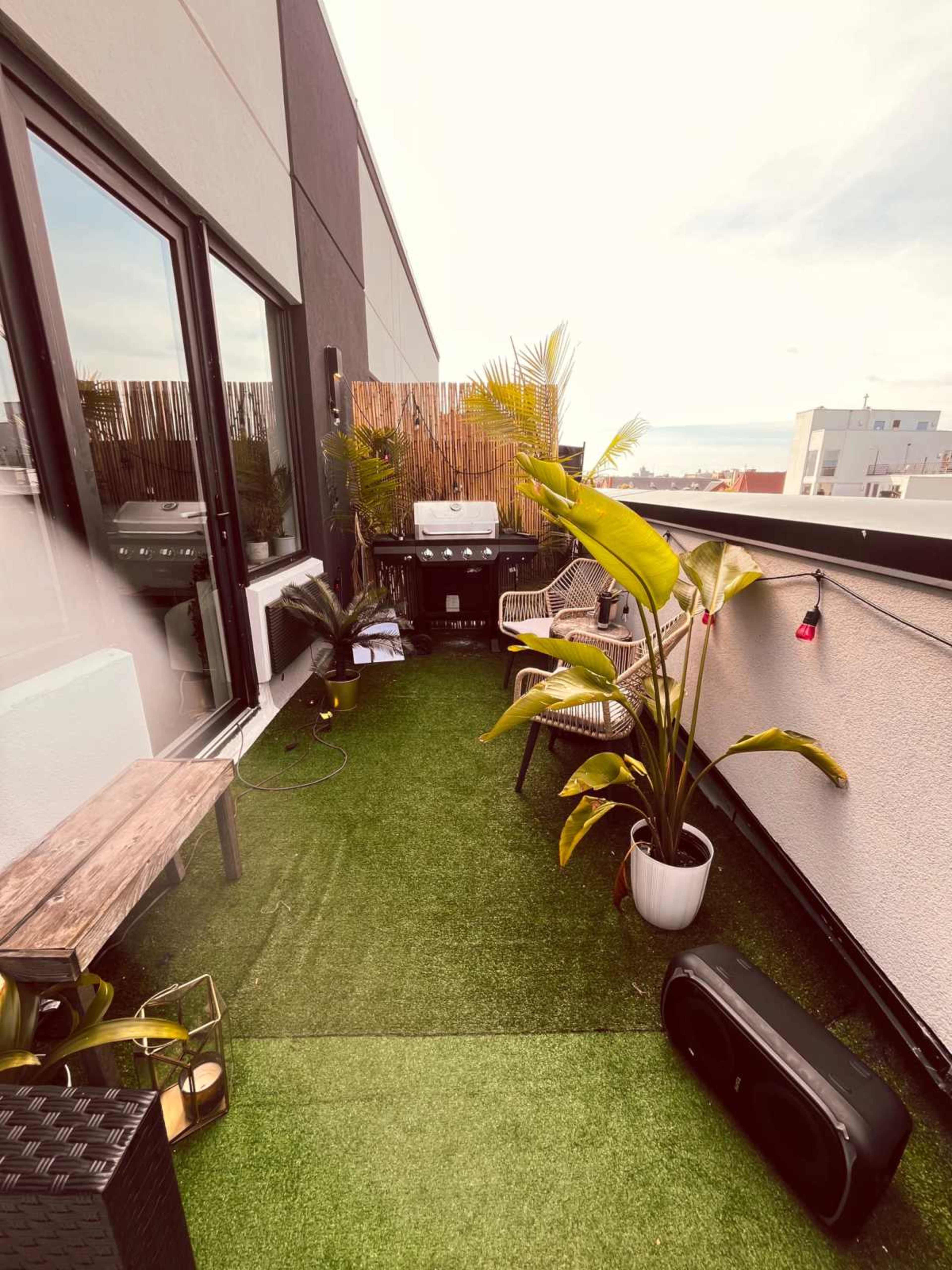 The image shows a rooftop terrace with artificial grass, potted plants, a small table, and chairs.