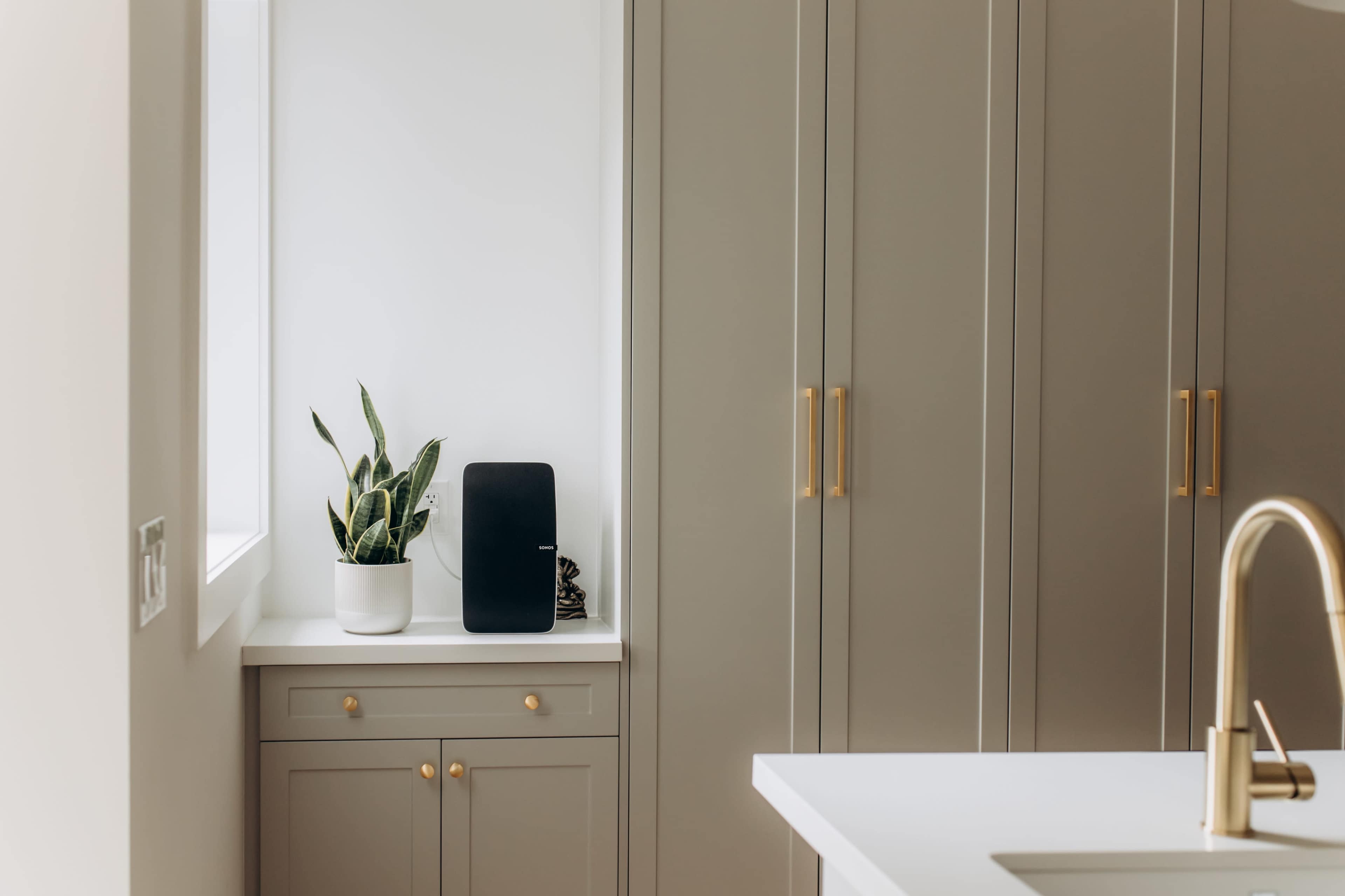 A corner of a kitchen features a potted plant next to a black device on a white countertop, with light-colored cabinets in the background.