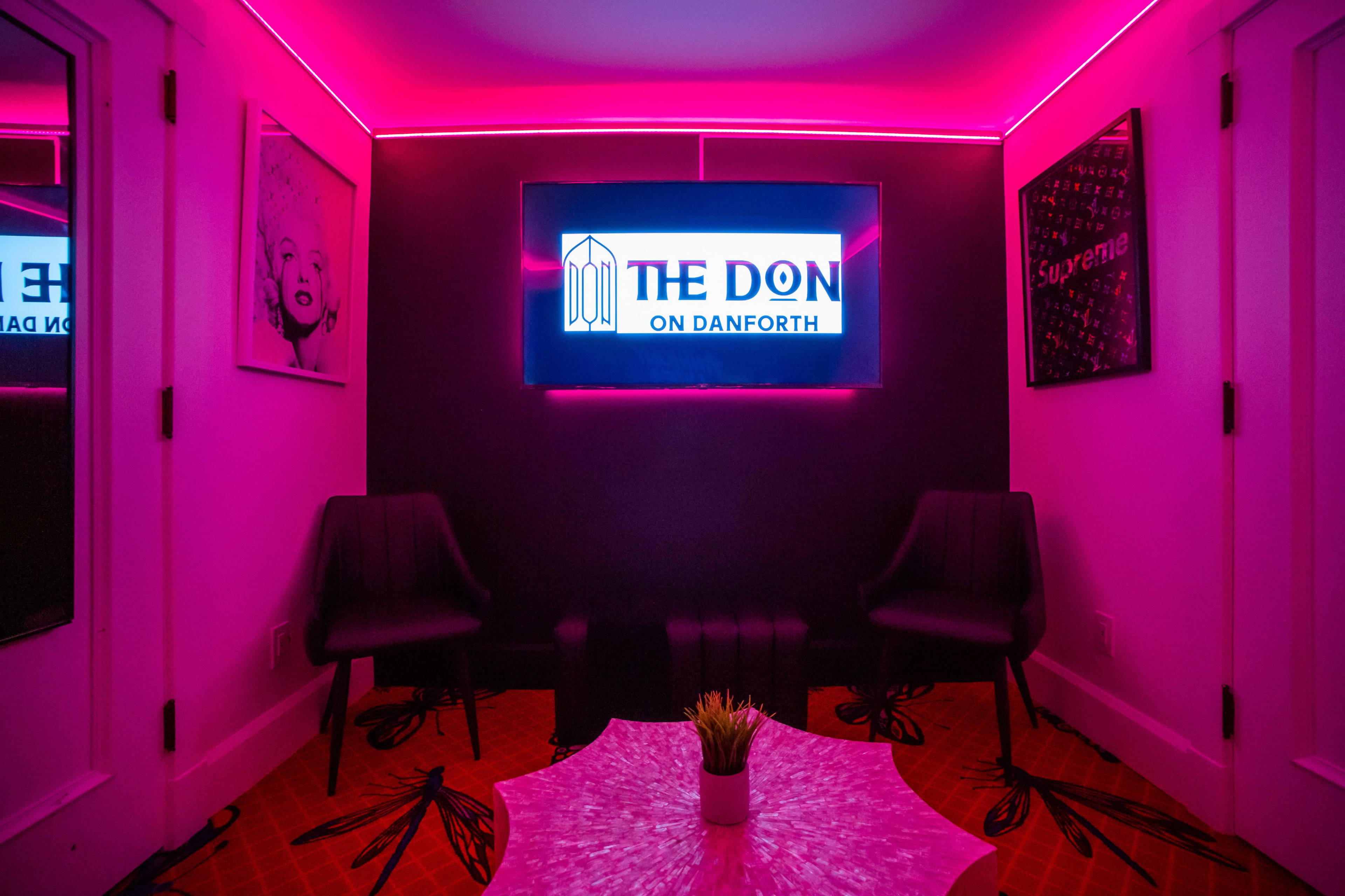 A cozy room features two chairs, a pink-lit ceiling, and a television displaying "THE DON ON DANFORTH."