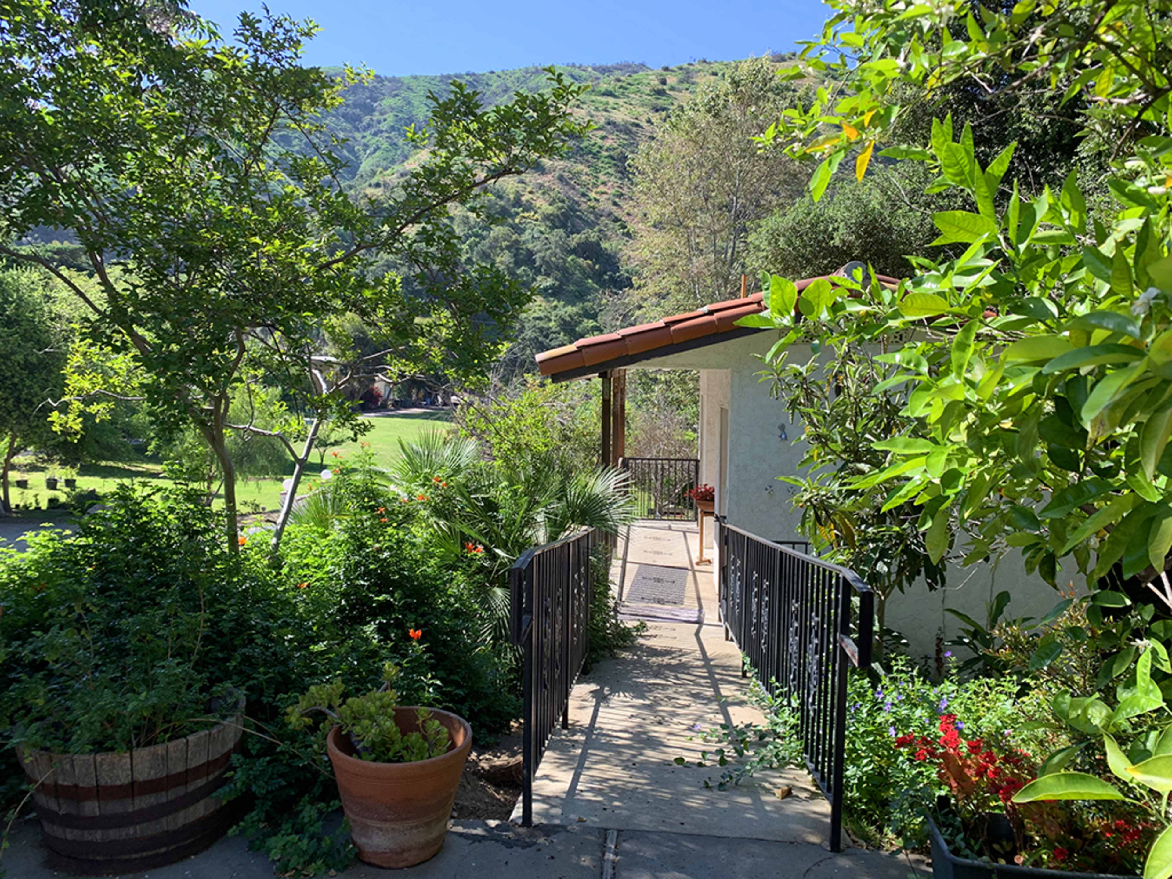 A pathway leads through lush greenery to a house with a terracotta roof, set against a hillside.