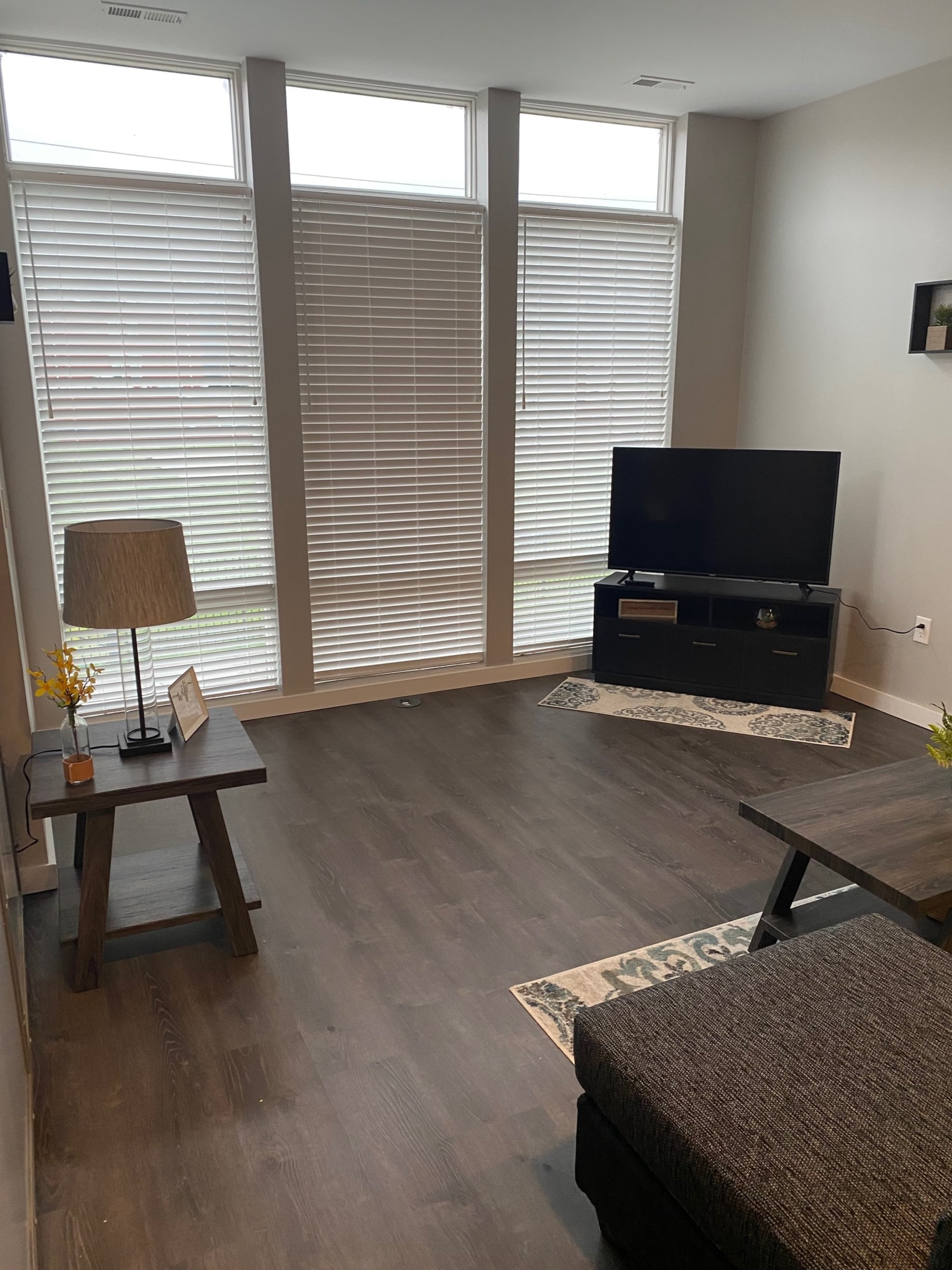 A modern living room with large windows covered by blinds, a gray sofa, a television on a black stand, and a wooden side table with a lamp.